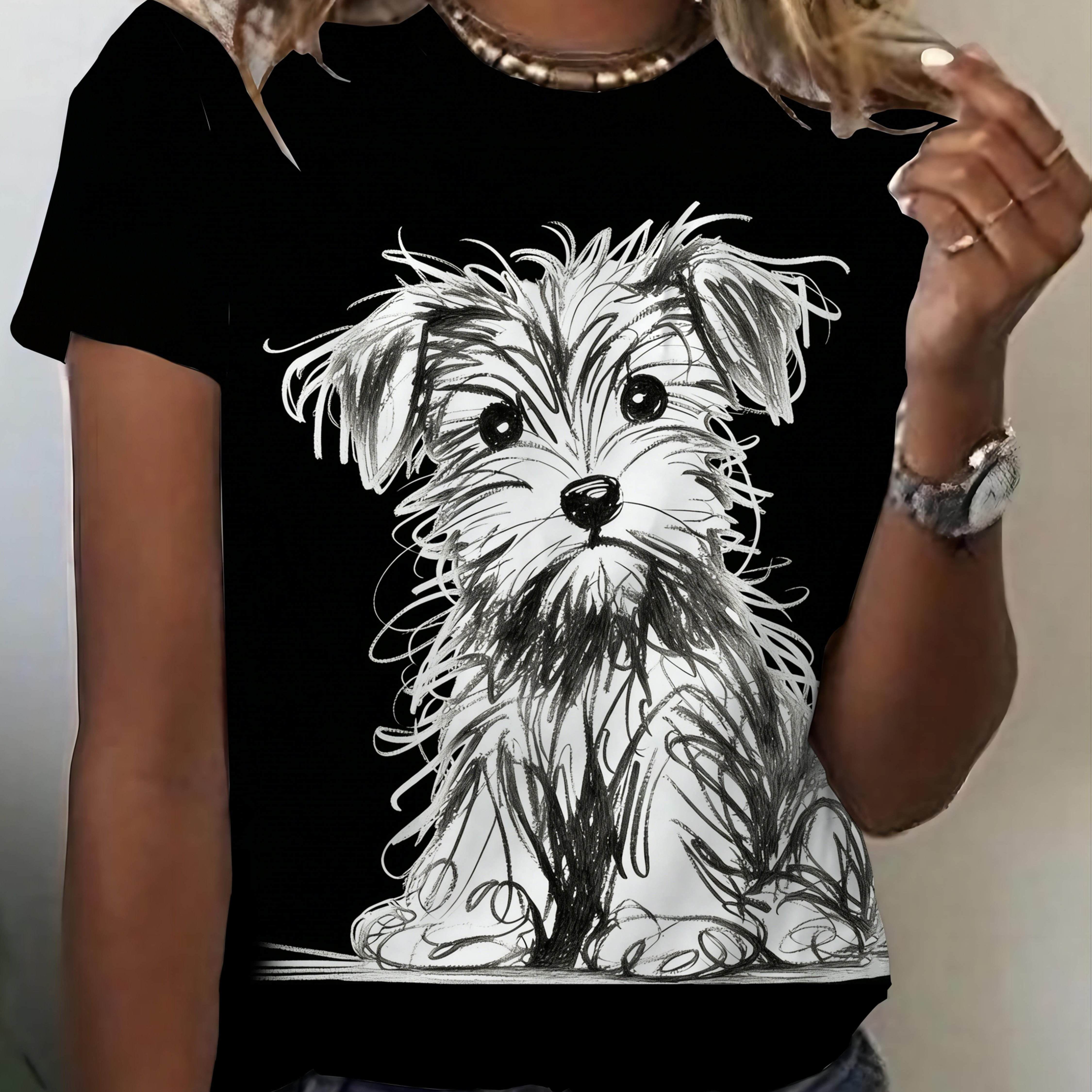 TEMU Women's Sketch-style Yorkshire Terrier Puppy Print , Round Neck Casual Short Sleeve, Cute, , And Versatile Top, Women's Fashion Top, Women's