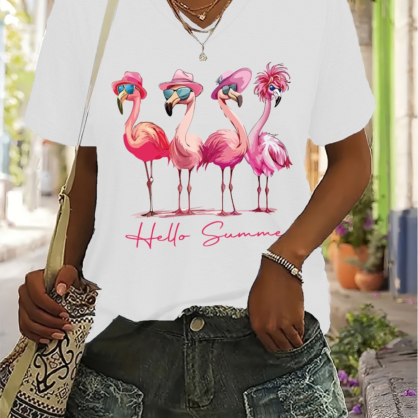 TEMU Women's Fashion T-shirt With A Printed Design, V-neck Casual Short-sleeve T-shirt For Women