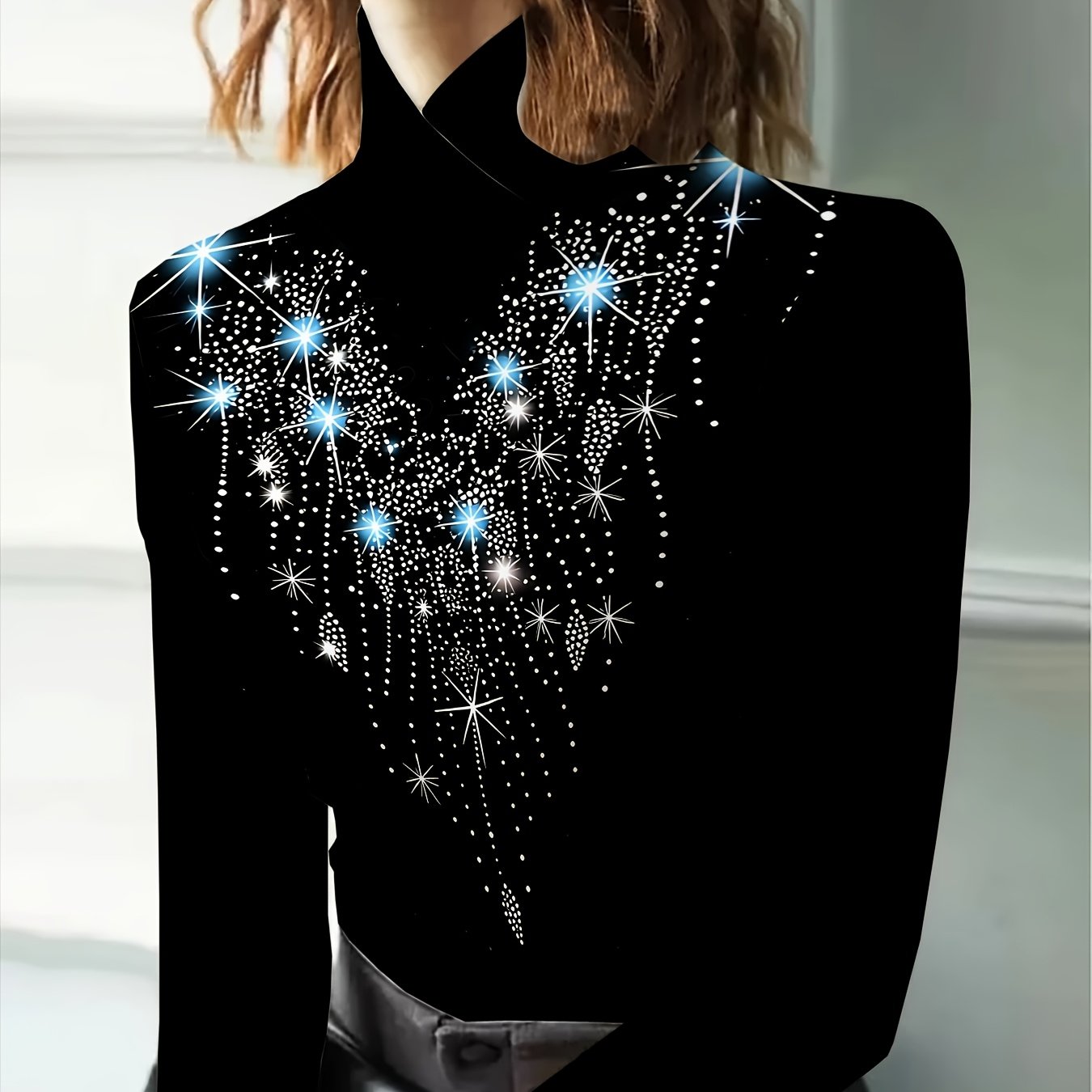 TEMU Starlight Sequin Print Cross High-neck Long Sleeve, Temperament Pullover Top, Banquet Women's Base Layer