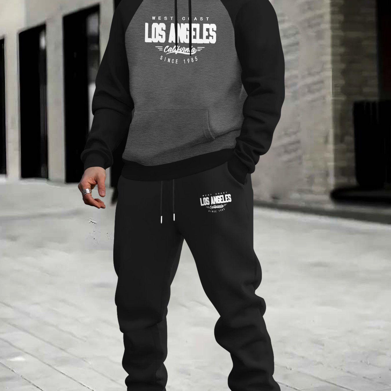 E-shop Los Angeles-inspiriertes Herren-Casual-Sportbekleidungsset - Dicker, Farbblock-Hoodie & Jogginghose mit Kordelzug, Maschinenwaschbar