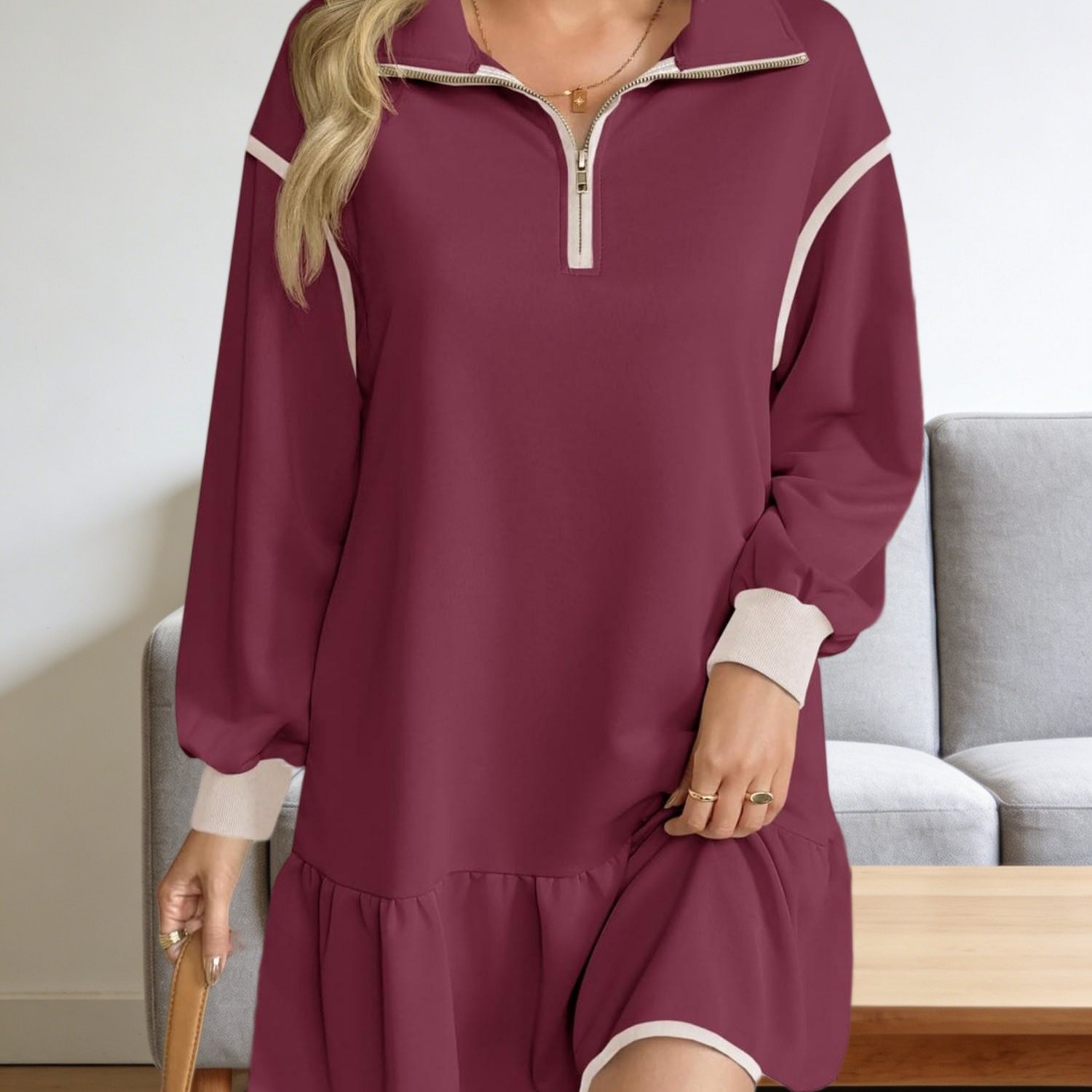 Image of Women's Oversized Quarter-zip Sweatshirt Dress Casual Long Sleeve Ruffle Hem Mini Pullover Dress