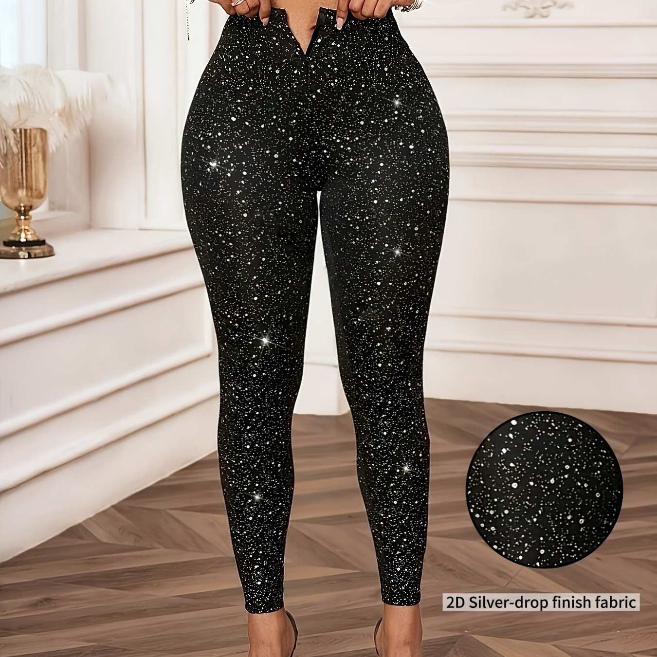 TEMU Leggings da donna in tessuto con cerniera, vita e aderenti, argentata 2D - Pantaloni slim-fit per con design a cerniera, non trasparenti, adatti