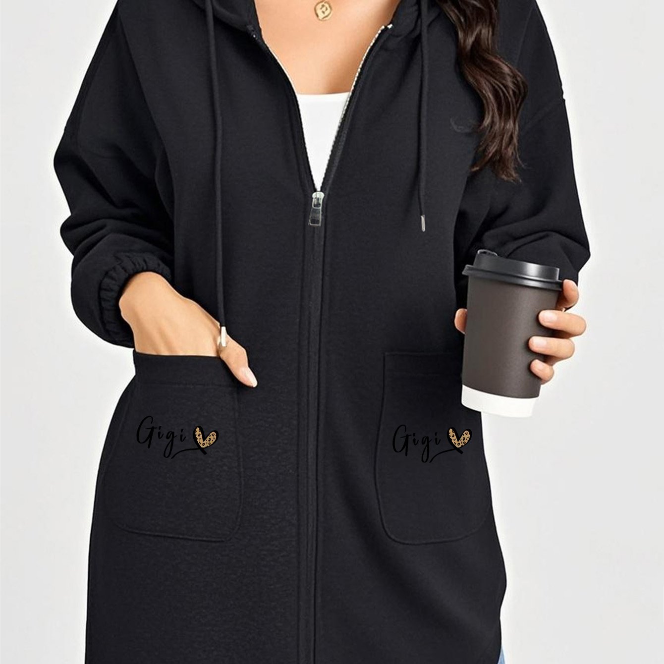 TEMU Women's Fashionable Long Zipper Hooded Jacket " Print V" Print Design, Is Super Versatile, Side Pockets Are Practical And Beautiful