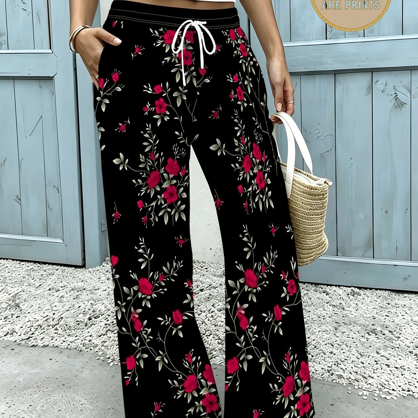 TEMU Red Rose Small Floral Women's Plus Size Athletic Long Pants, Vintage Dark Drawstring Wide Leg Trousers, Straight Leg, Temperament Women's Casual