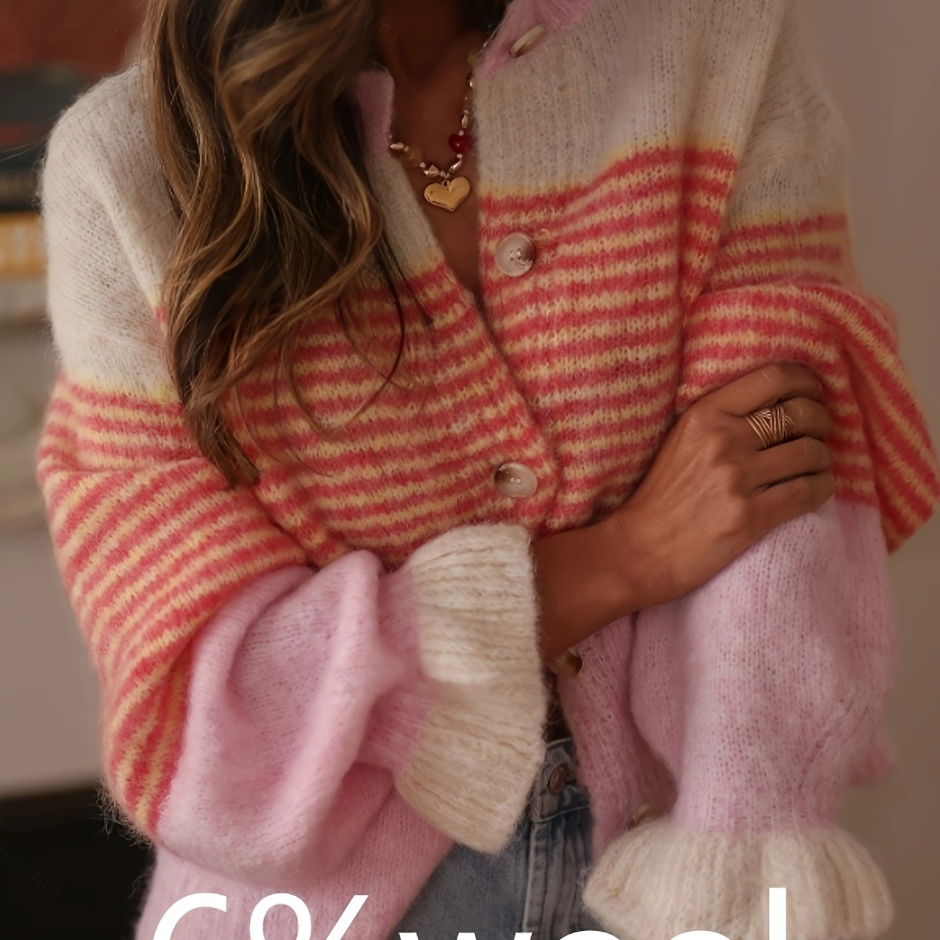TEMU Spring Summer Lazy Style, Elegant V-neck And Flare Sleeve Striped Detail Core Cardigan Sweater Top. High Elastic Color Block Loose Fit Pullover,