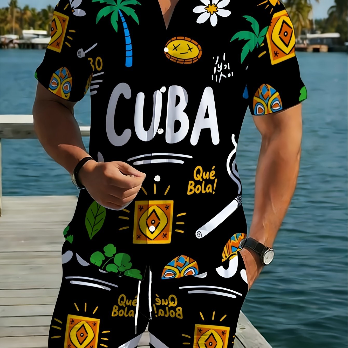 TEMU Men's Fashion Summer Printed Lapel Shirt - Comfortable Short Sleeve And Shorts Set, New , Essential For Spring And Summer Daily Outfits, 2pcs