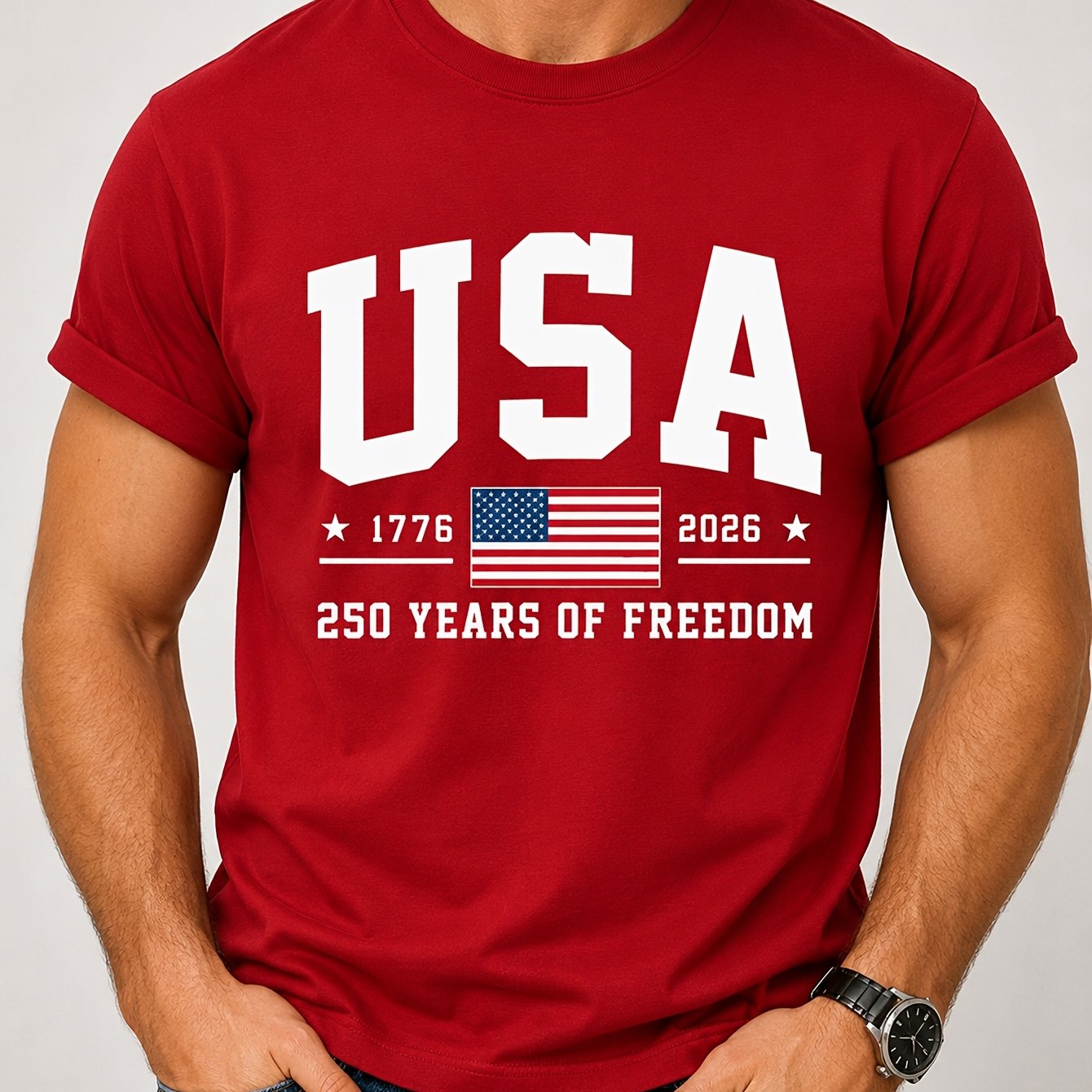 TEMU Men's Pure Cotton T-shirt With American Flag Letter Graphic, Vintage Print Crew Neck Tee, Summer Casual Vacation Men's Short Sleeve Top, Men's