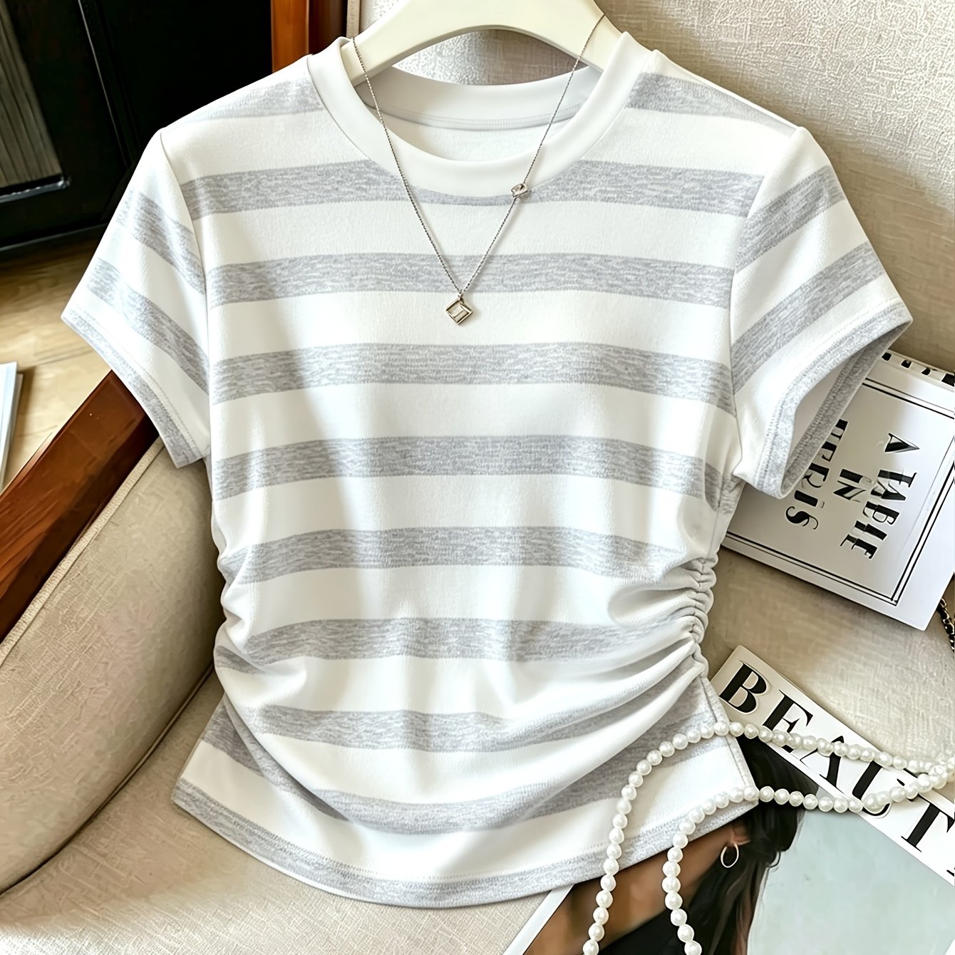 TEMU Women's Gray And White Striped Print Short-sleeve T-shirt With Waist-defining Design – Suitable For Office, Commuting, Or Casual Sportswear