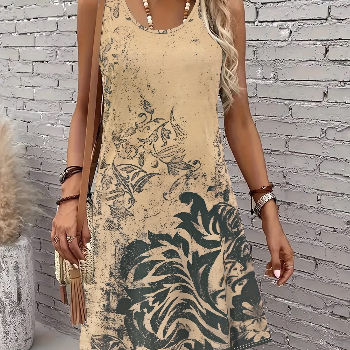Image of 2d Printed Vintage Elegant Vacation Abstract Painting Plant Graphic Full-print Breathable Round Neck Tank Dress, New Summer Casual Sleeveless Dress, Women's Midi A-line Dress