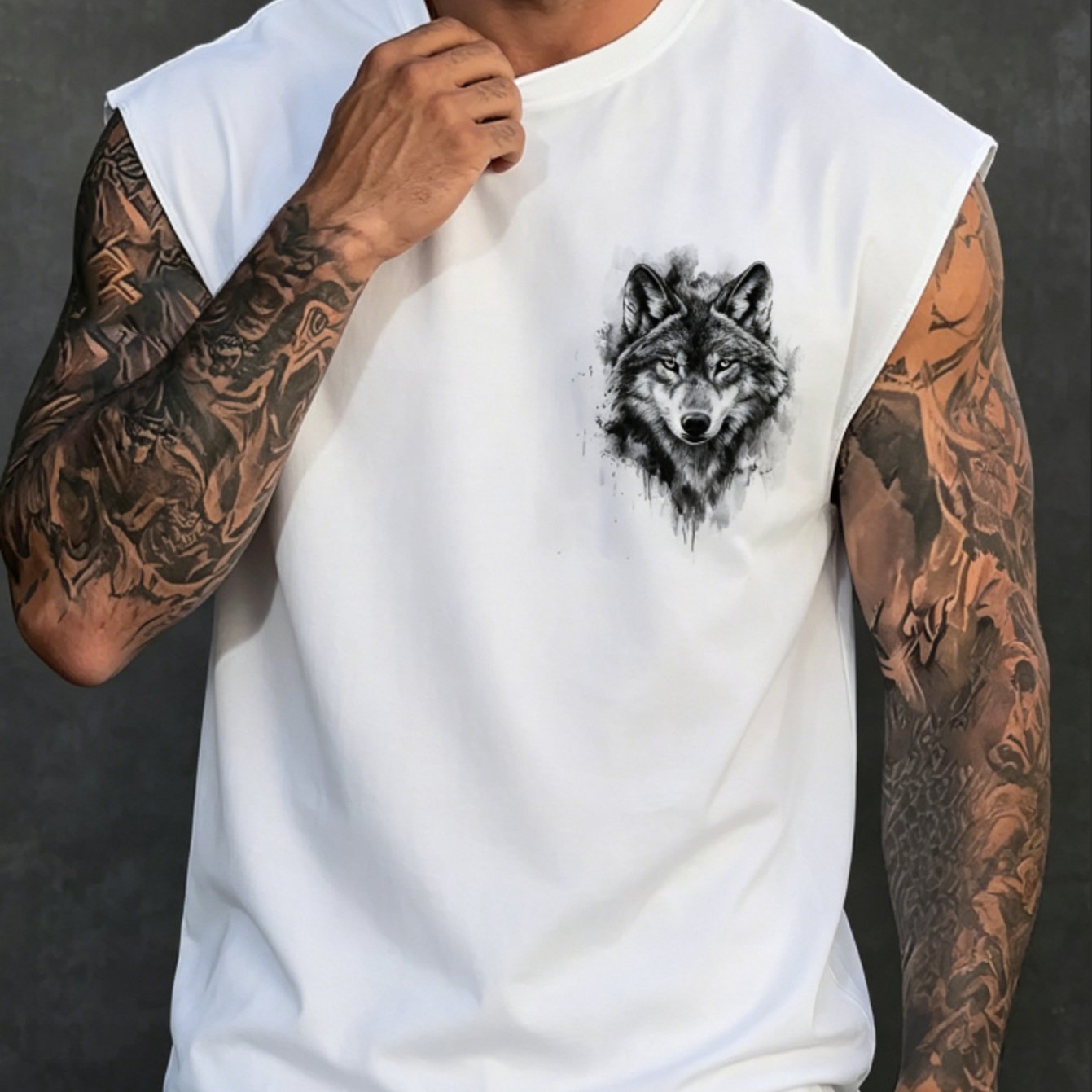 TEMU Men's Wolf Sleeveless Tank Top - White With Ink Splatter Print, Summer Gym Shirt, Sleeveless Shirt Suitable For Casual Wear, Workout & Outdoor