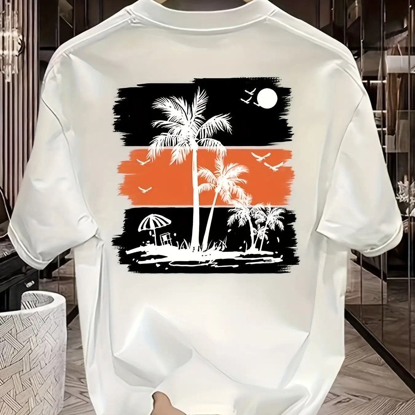 TEMU Men's Printed Heat Transfer Round-neck Short-sleeve T-shirt, Polyester, Suitable For Casual Wear