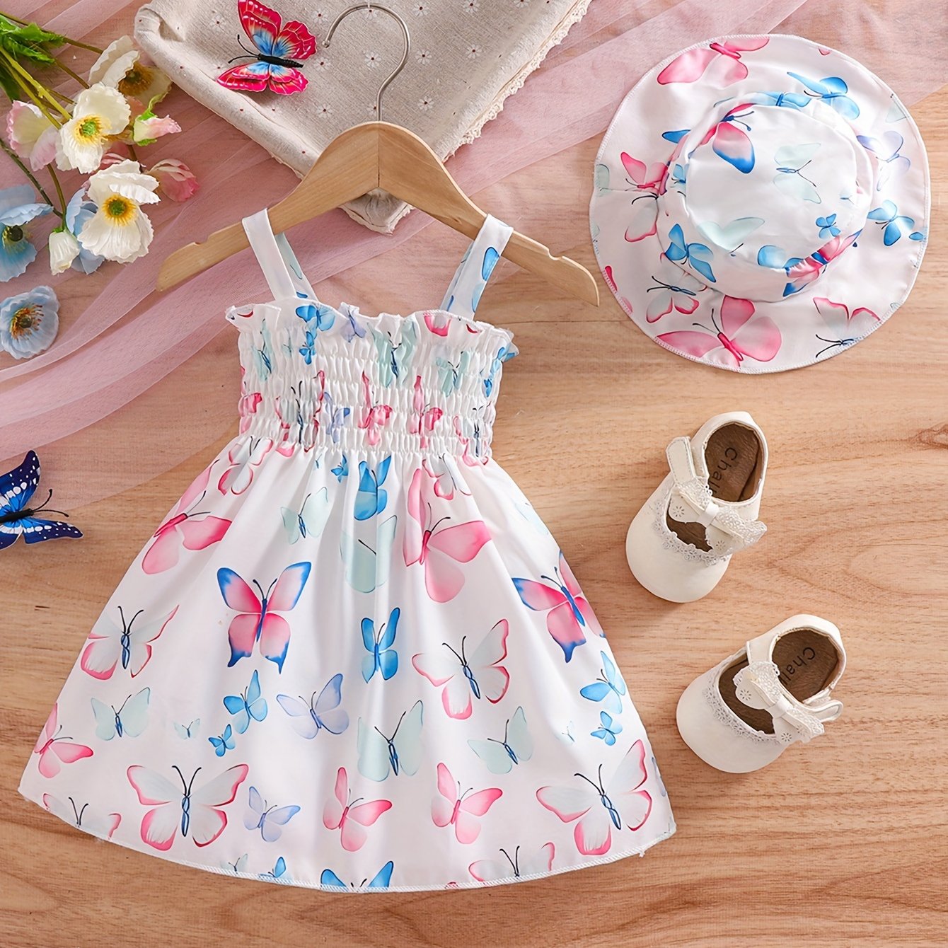 Image of Summer Print Sleeveless Dress For Baby Girls Aged 0-3 Years, Outfit With A Hat, Perfect For Vacations