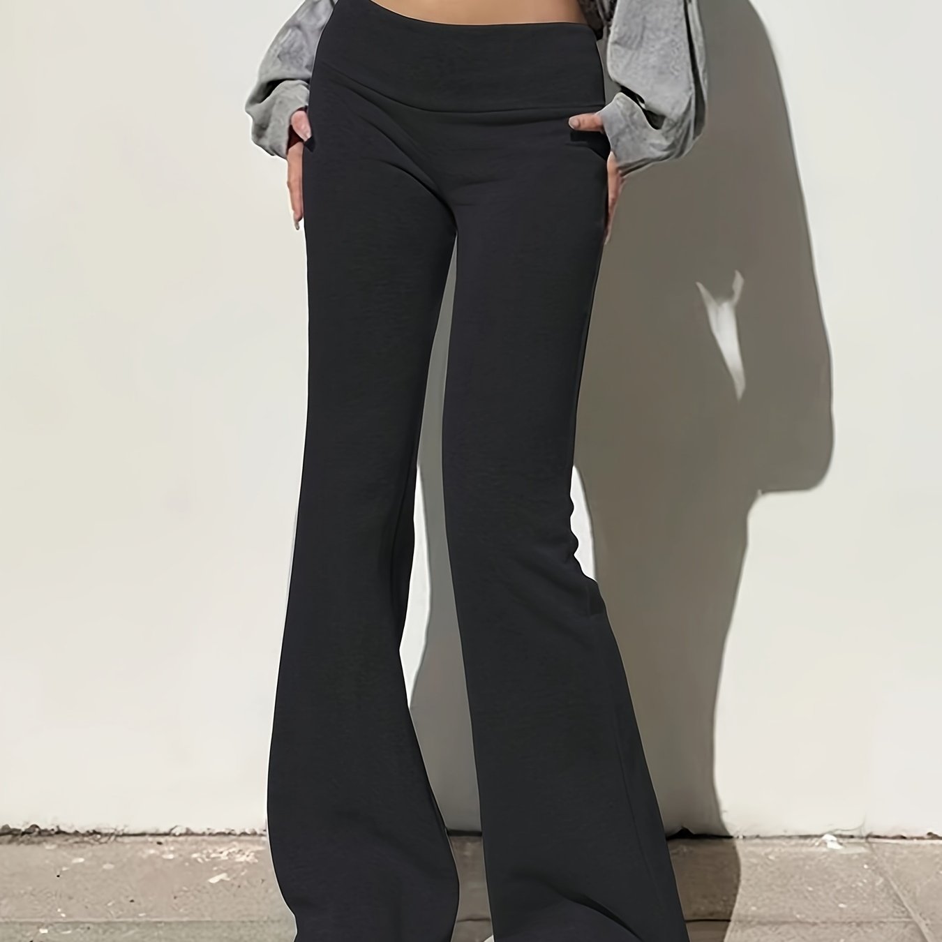 TEMU Low Waist Flare Leg Pants, Casual Solid Color Skinny Pants For Spring & Fall, Women's Clothing