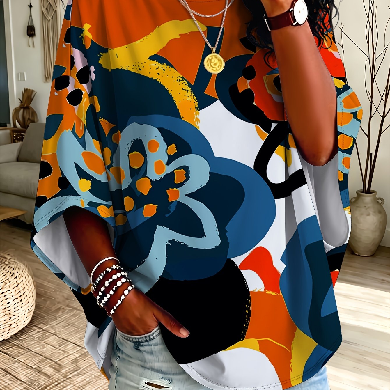 TEMU Plus Size Women's Oversized T-shirt With Abstract Floral Graffiti Round Neck Off-shoulder Loose Top, Casual Commute Wear, Machine Washable Style