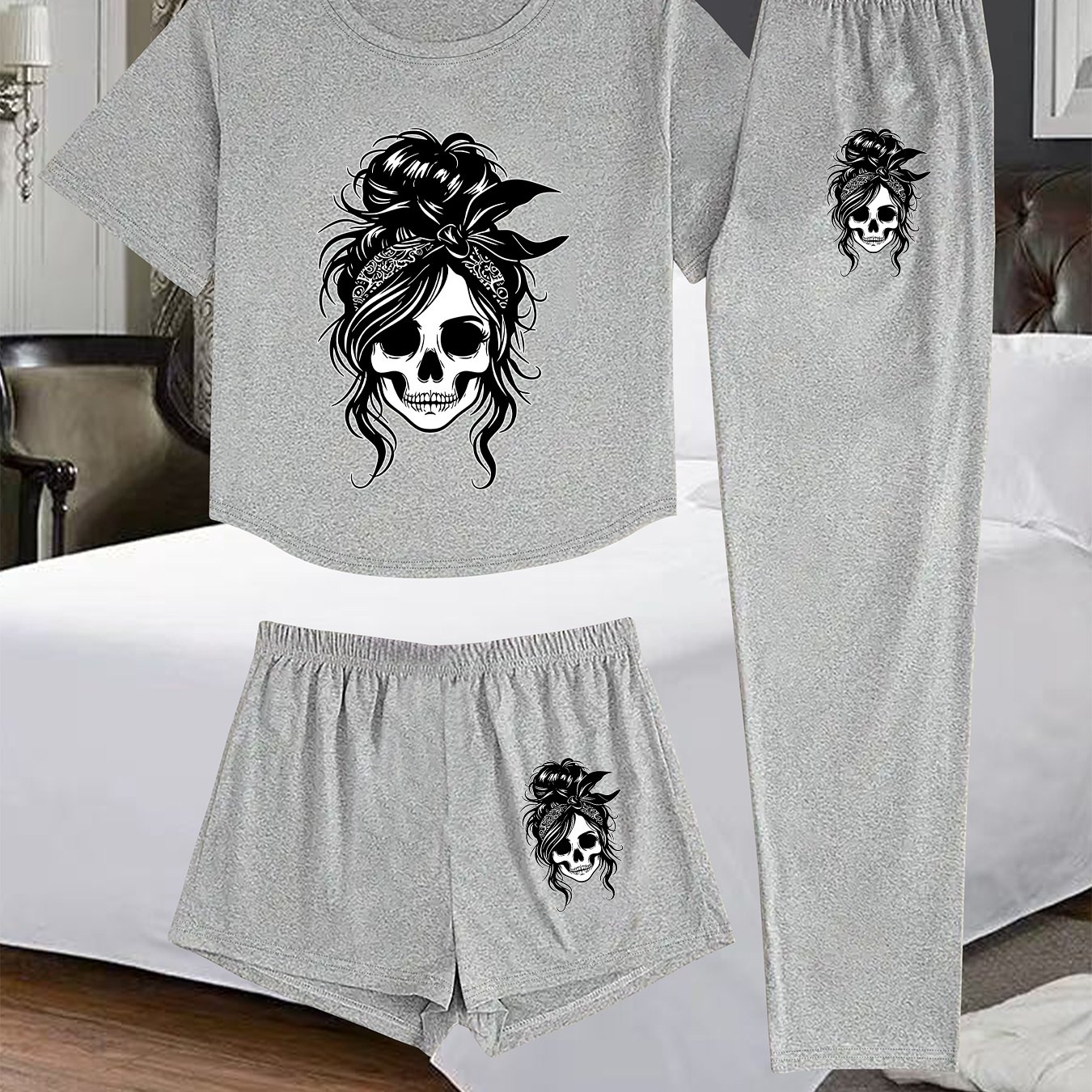 TEMU (standard 1002# Set) Women's 3pcs Set, Printed Design Women's Pajama 3pcs Set, Comfortable Clothing