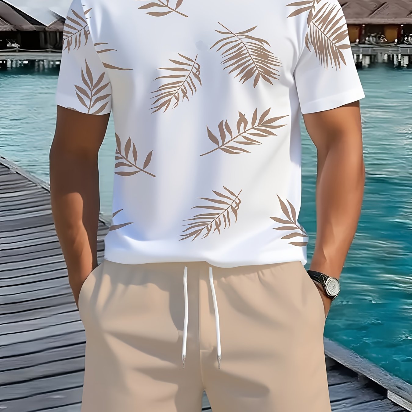 Image of Men's Wear, Comfortable And Breathable T-shirt And Shorts Set, 1pc Top And 1pc Bottom, Casual Leaf Print, 100% Polyester, Shorts With Pockets And Drawstring