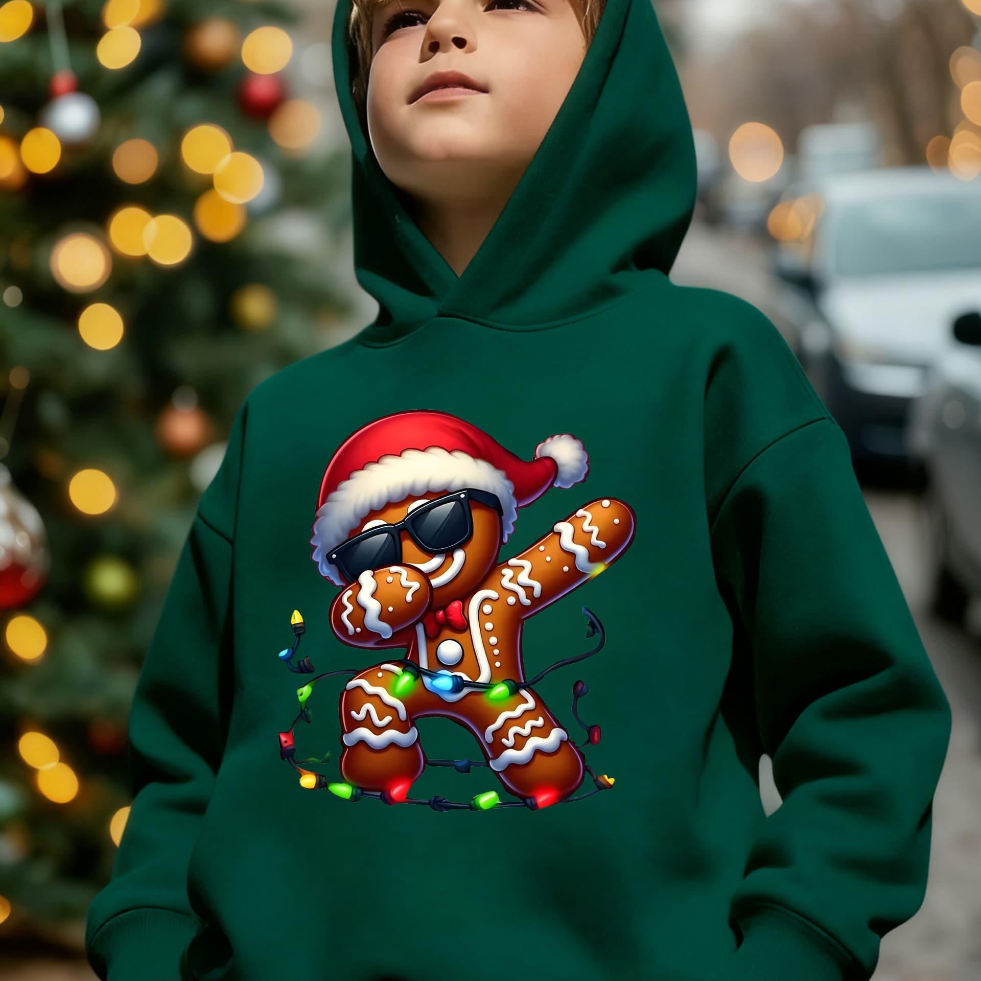TEMU Christmas Boys' Autumn And Winter Stylish Fleece Hoodie With A Hat, Featuring A Dancing Gingerbread Man Cartoon Print, Loose Casual Long-sleeve