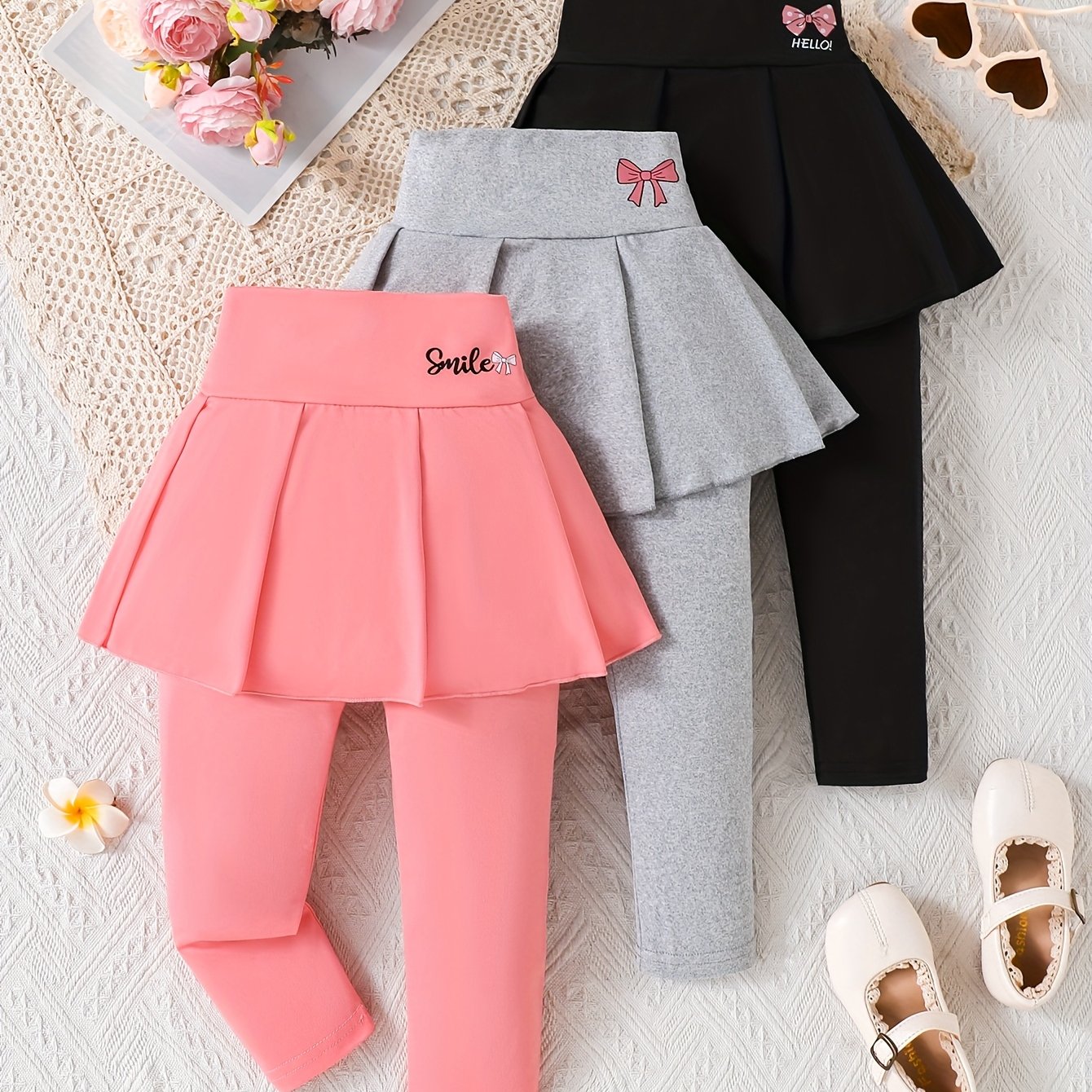 Image of Young Girl Girls' Slim Fit Casual Skirt Pants With Bow Pattern Print, 3pcs Set For Spring/autumn - A Gift For Your Daughter