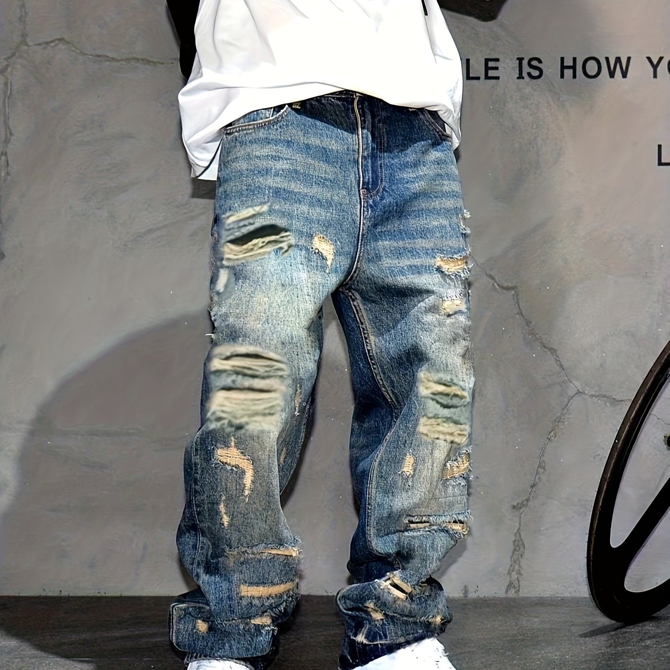 Image of Street Patch Ripped Wide Leg Jeans For Men, Trendy And Stylish, Loose Design, Straight Leg Pants