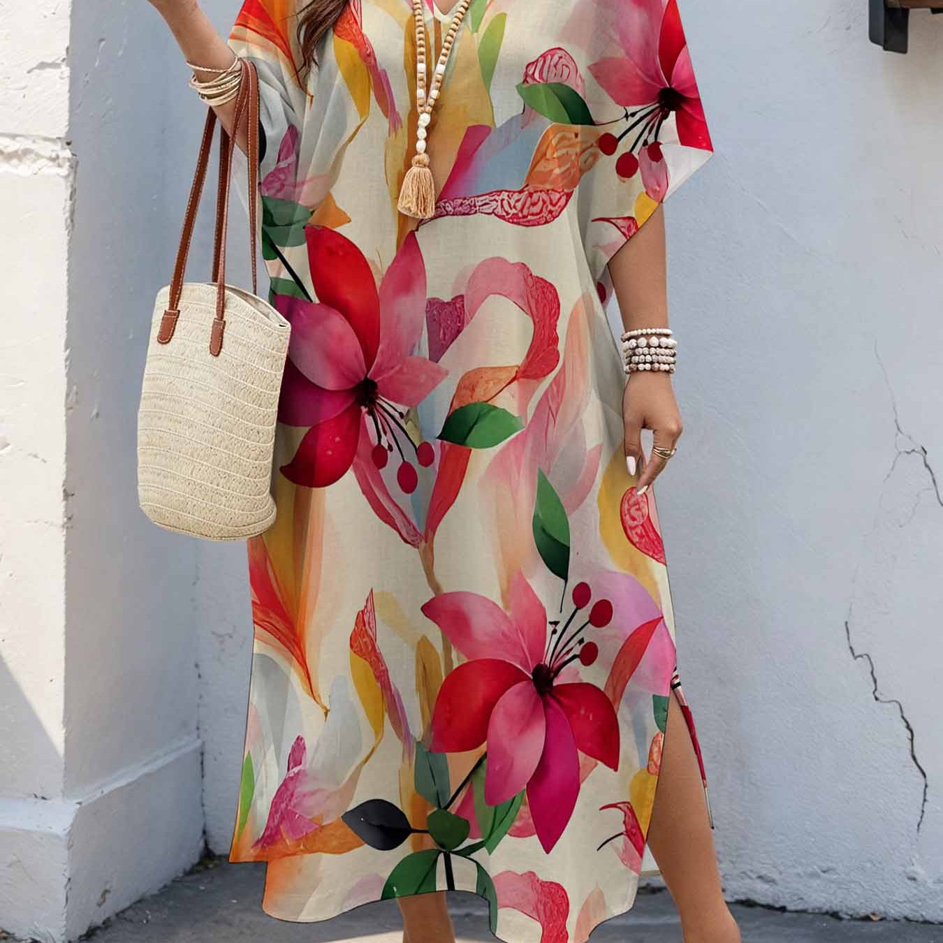 Image of Plus Size, Plus Size Women's 08xl Artistic Elegant Style, Vibrant Watercolor Floral Print Maxi Dress, Batwing Sleeve Dress With Double Side Slits, Loose Casual Summer Dress For Curvy Women