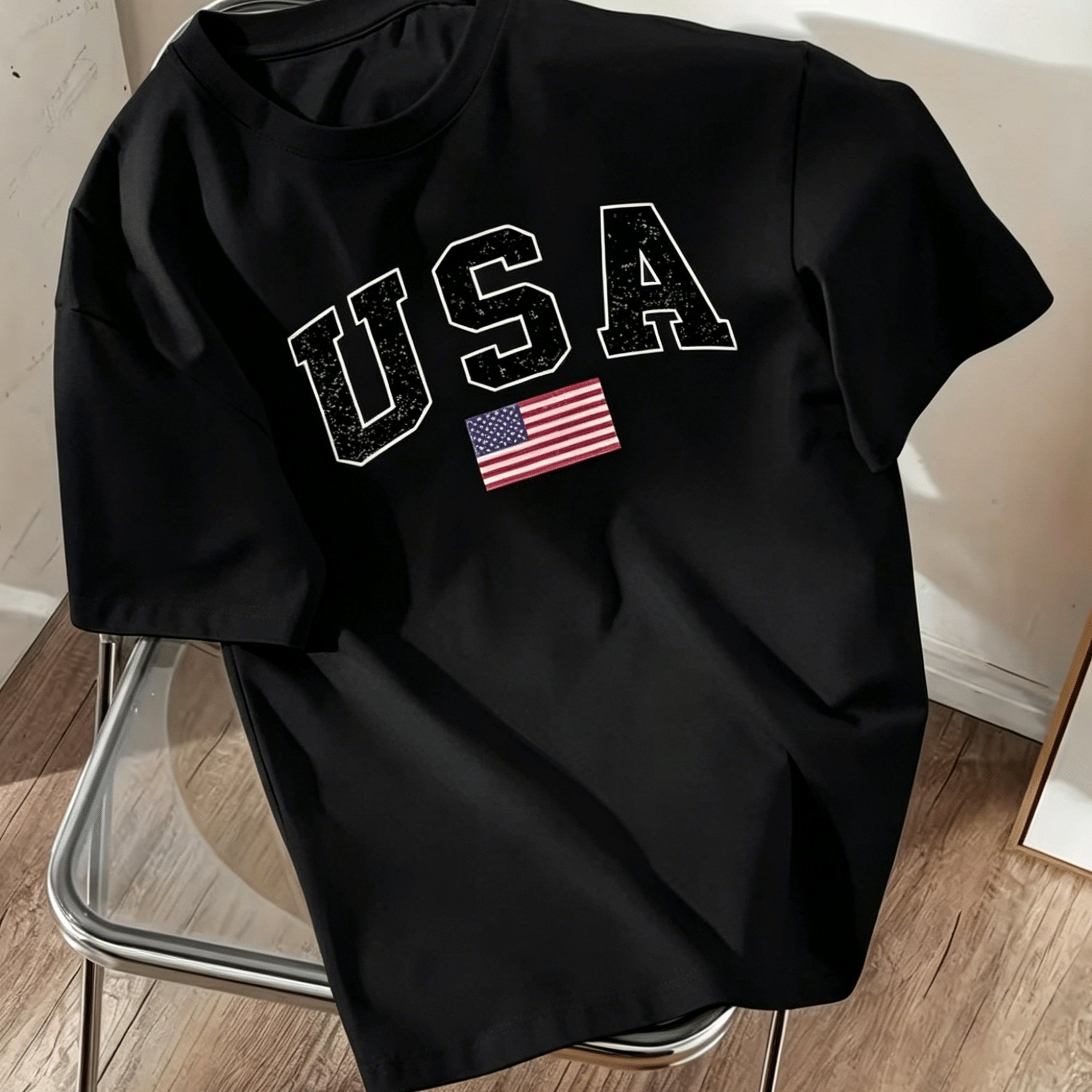 TEMU Usa Letter Flag Print T-shirt Men Women Short Sleeve Style Creative Pattern T-shirt Summer Breathable Round Neck Top