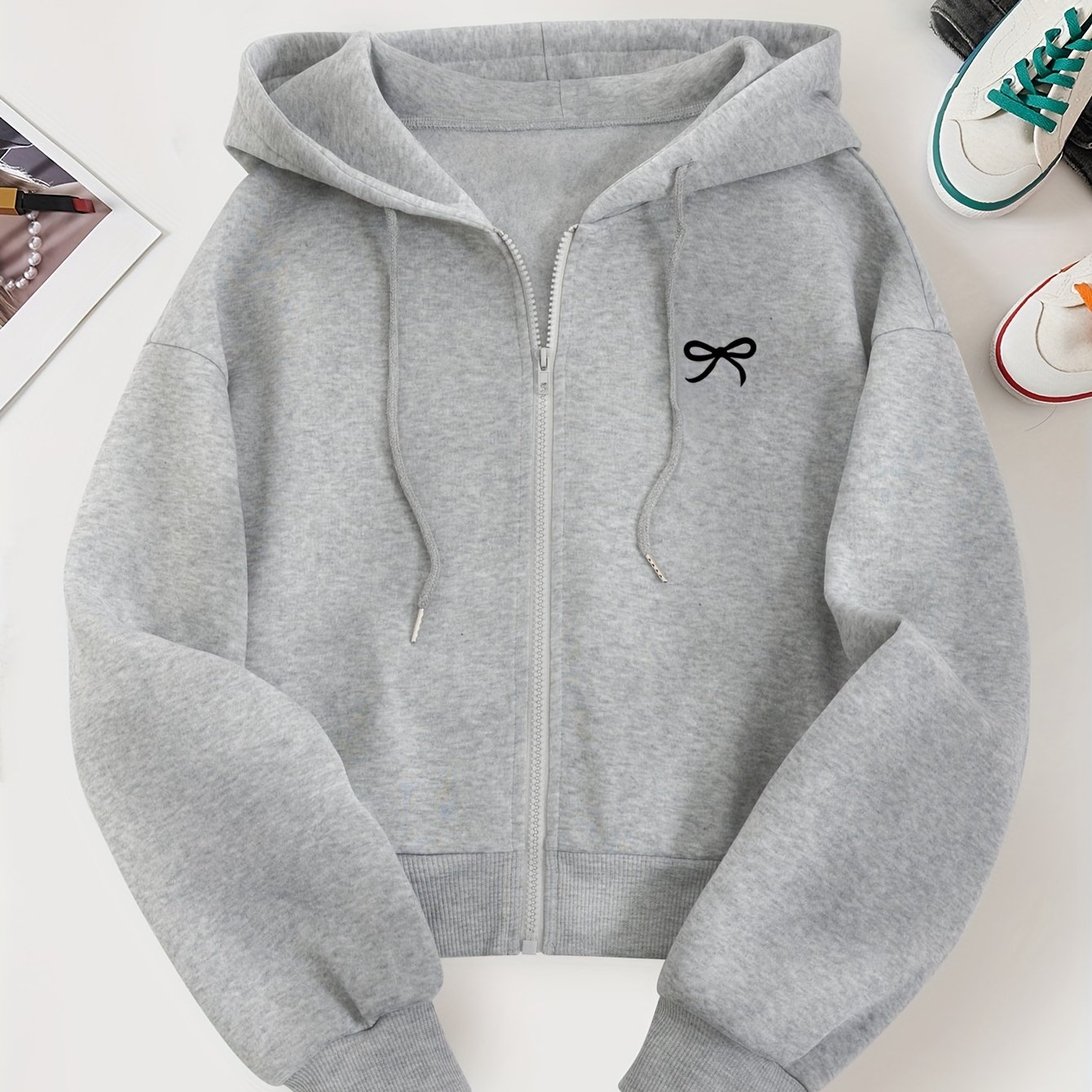 E-shop D139 Graues Damenmode Hoodie Sweatshirt, doppellagig, Kapuze, Schleife, lässig, vielseitig, amerikanischer Stil, Frühling/Herbst Style, neues
