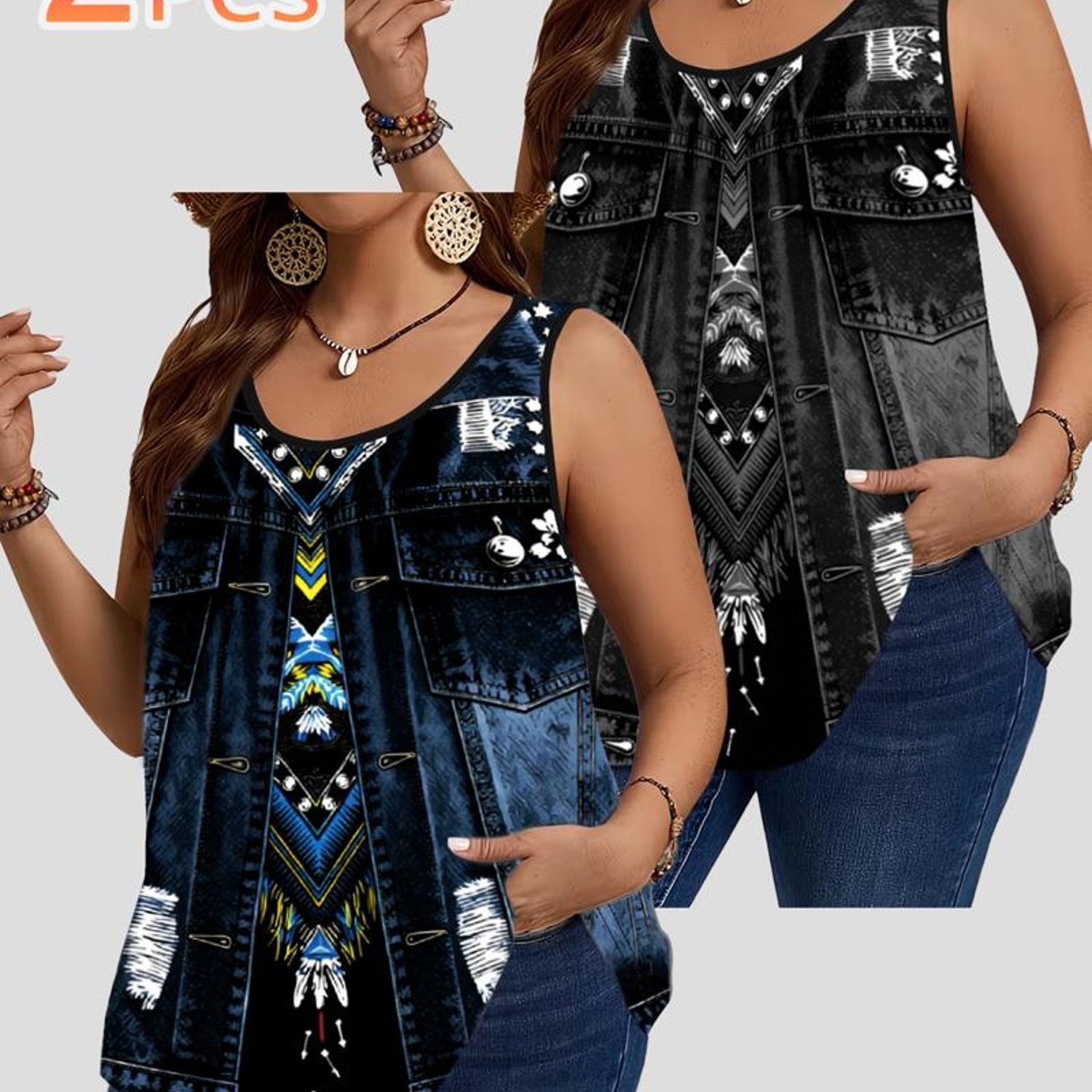 TEMU Plus Size, Women's Plus Size 2 - Pcs Denim - Style Sleeveless Tank & Camisole Set, Mixed Color, Multi - Specs, Polyester, Decorative