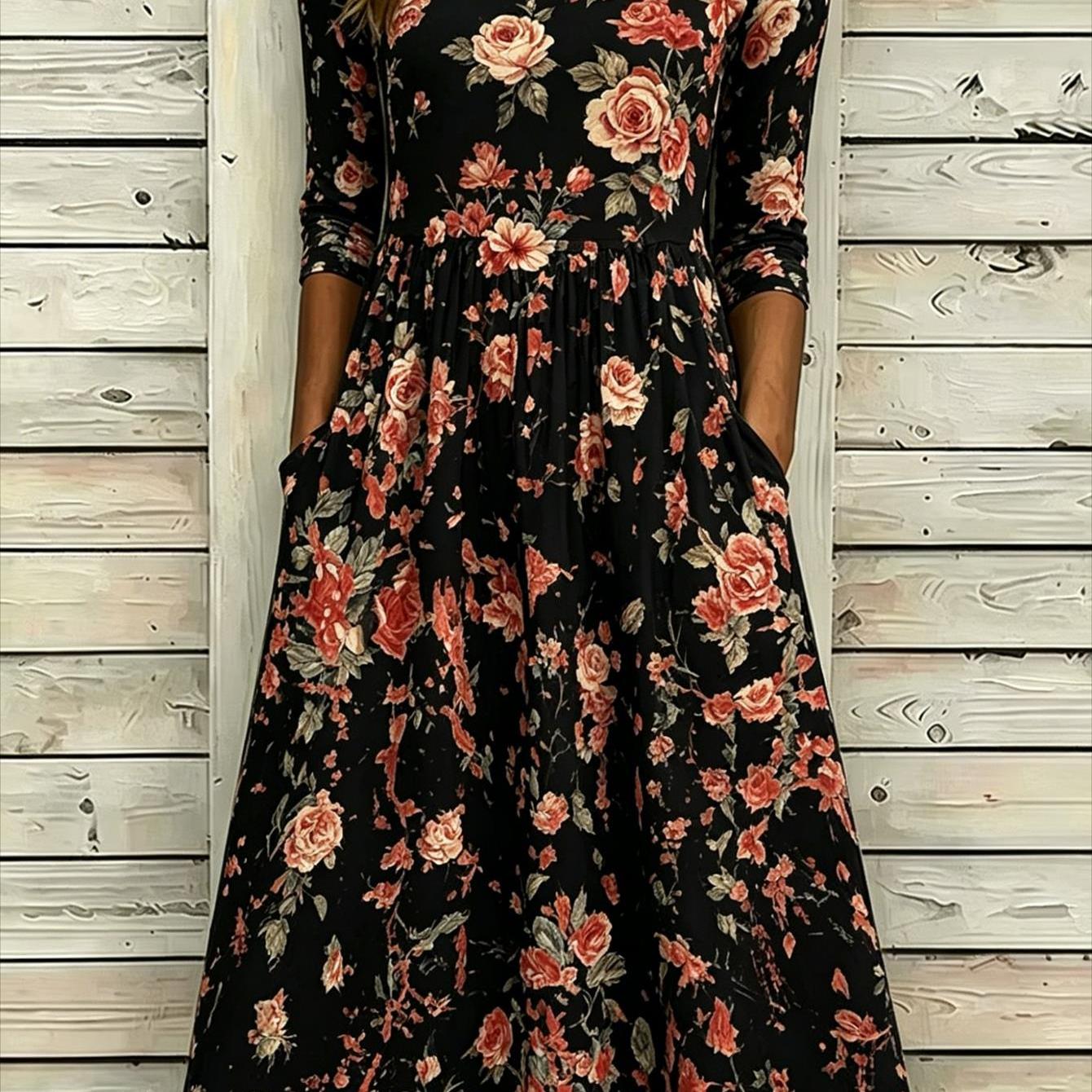 Plus Size, Plus Size-plus-size Women's Color-block Floral Print Round Neck Pocket Mid-length Dress