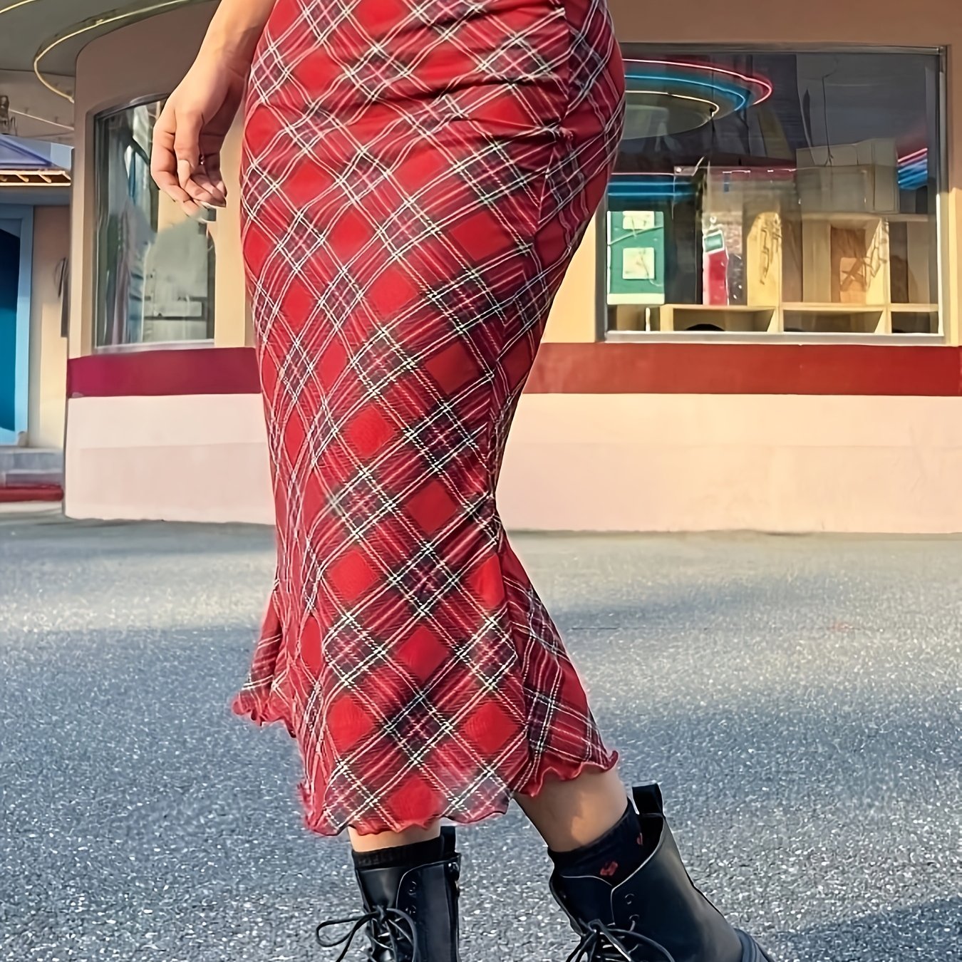 TEMU Tier 1 Directional Western Fashion Spring Autumn Red Check Bum-fitting Half Skirt
