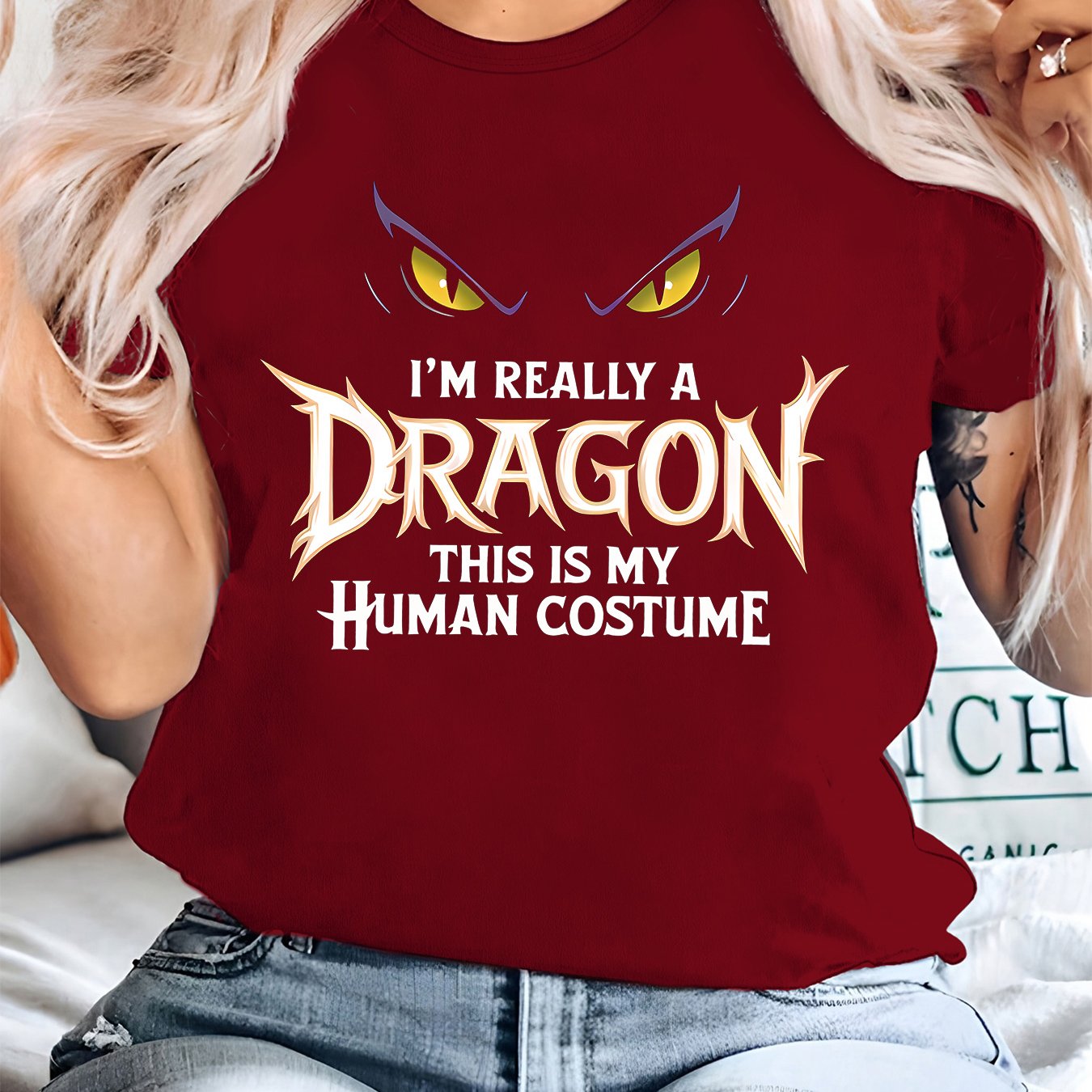 TEMU Plus Size, Women's Plus Size Funny "i'm Really A Dragon In Human Costume" T-shirt - Short Sleeve Round Neck Casual Tee With Dragon & Human,