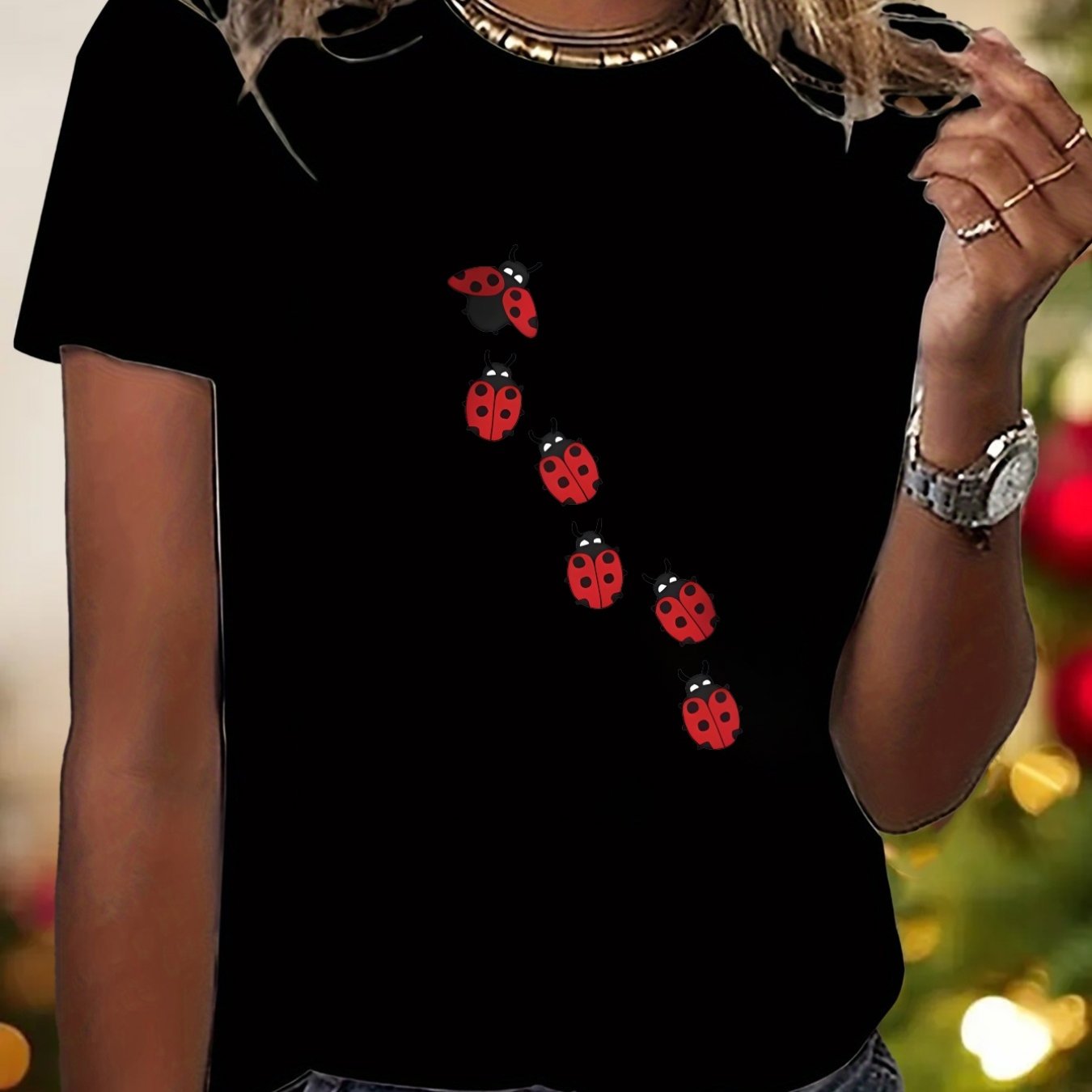 TEMU Women's Y2k Ladybug Print T-shirt - Cute Short Sleeve Round Neck Blouse-compatible Top (for Blouse Brand Outfits) | Non- Casual Shirt Suitable
