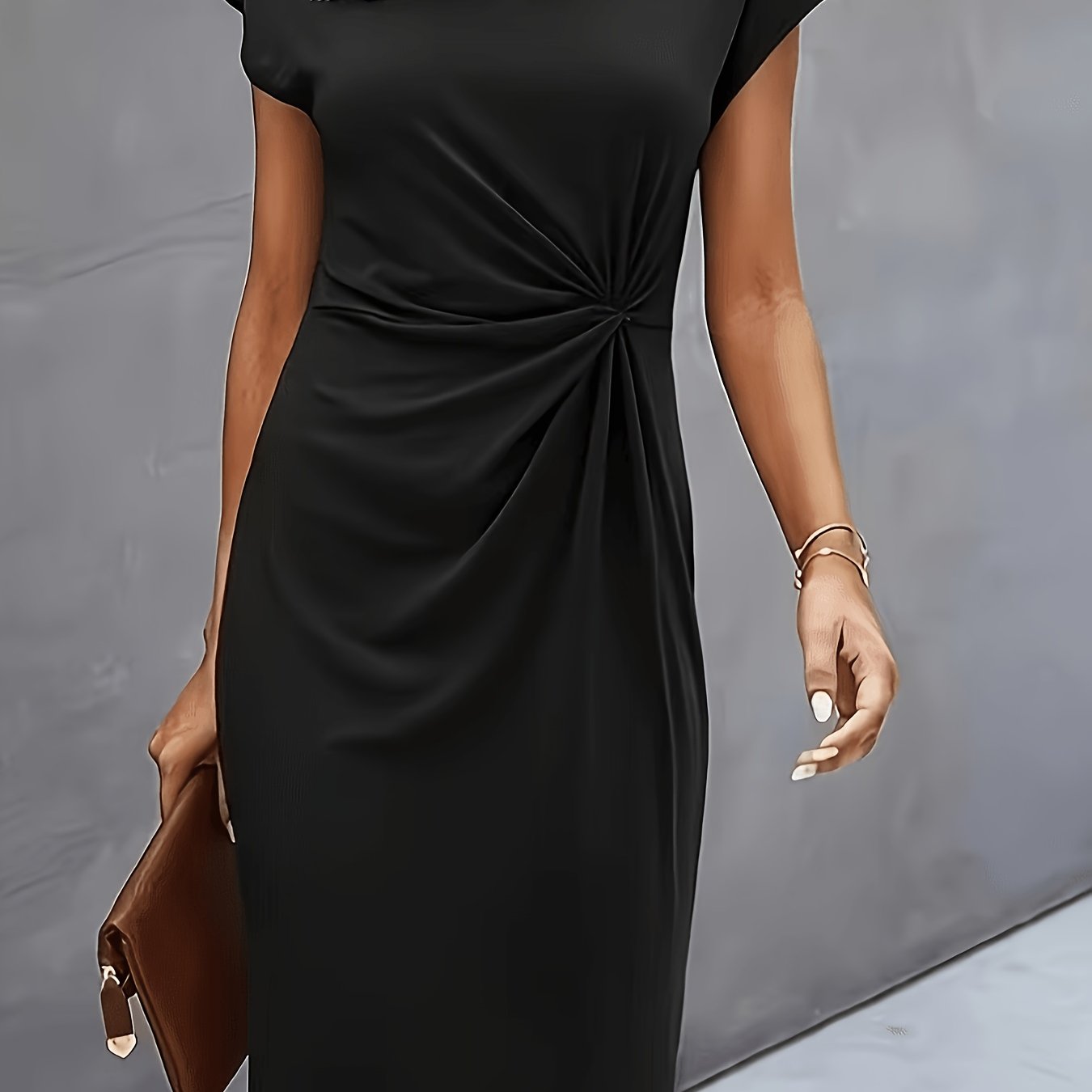 TEMU Solid Color High-end Dress Party Gown Ladies Round Neck Temperament Fashion Dress