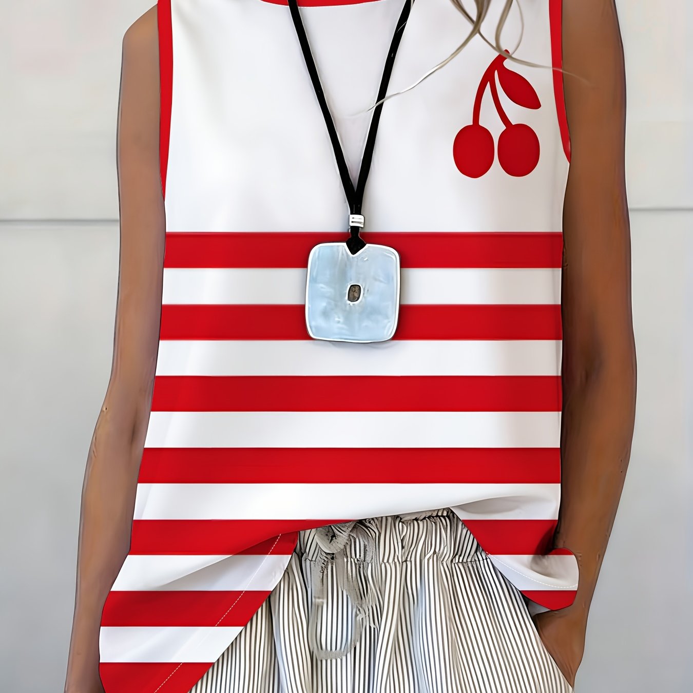 TEMU Red And White Striped Cherry Sleeveless Vest Women's Loose Casual Top Summer Fashion Item