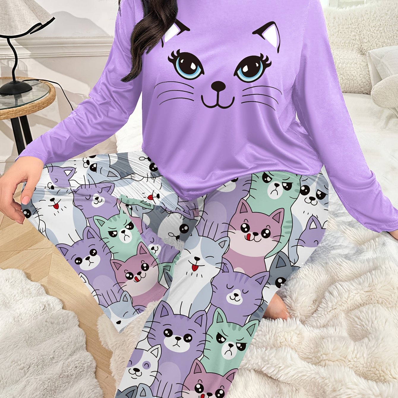 Image of Fall/winter Style - Plus Size Women's Pajamas, Cartoon Cute Cat Wear Long Sleeve Set