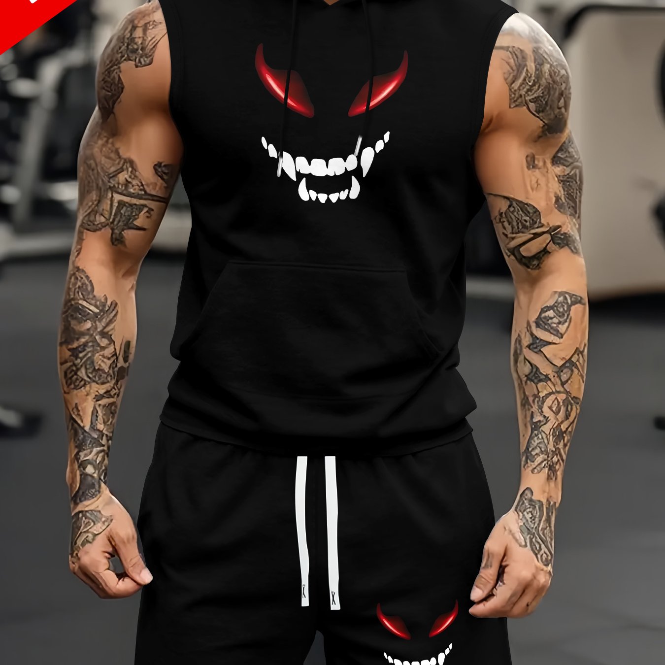 TEMU Conjunto deportivo para hombre, compuesto por un conjunto de dos piezas, que un chaleco con capucha sin con estampado de cara de y bolsillo tipo