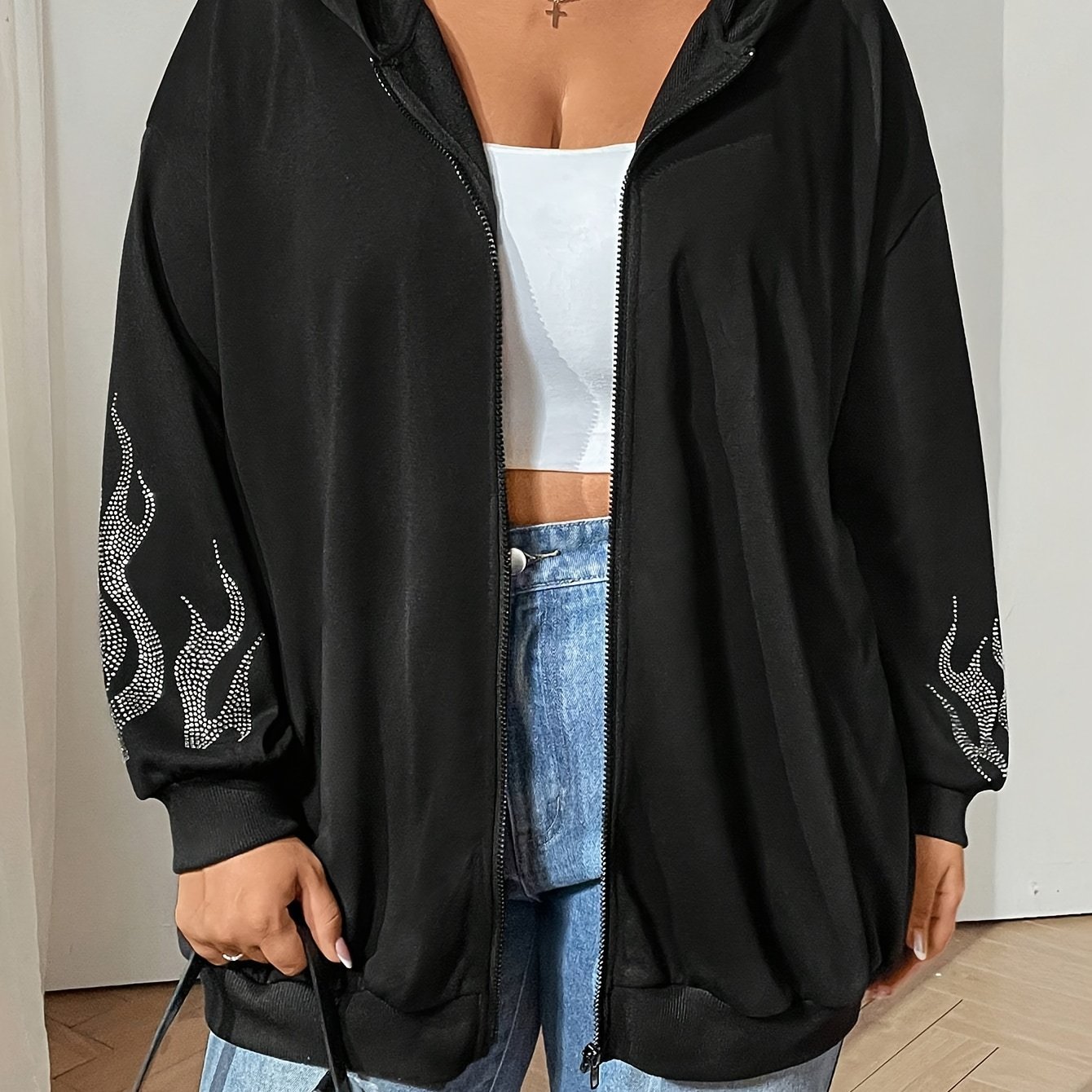 Plus Size - Plus Size - Plus Size Black Loose Long Hoodie, Rhinestone Flame Print, Fall Top, Women's Fall Clothing