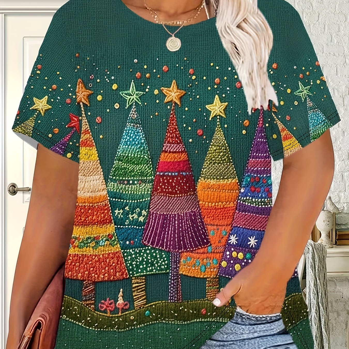 TEMU Plus Size, Christmas Tree Pattern Print, Women's T-shirt