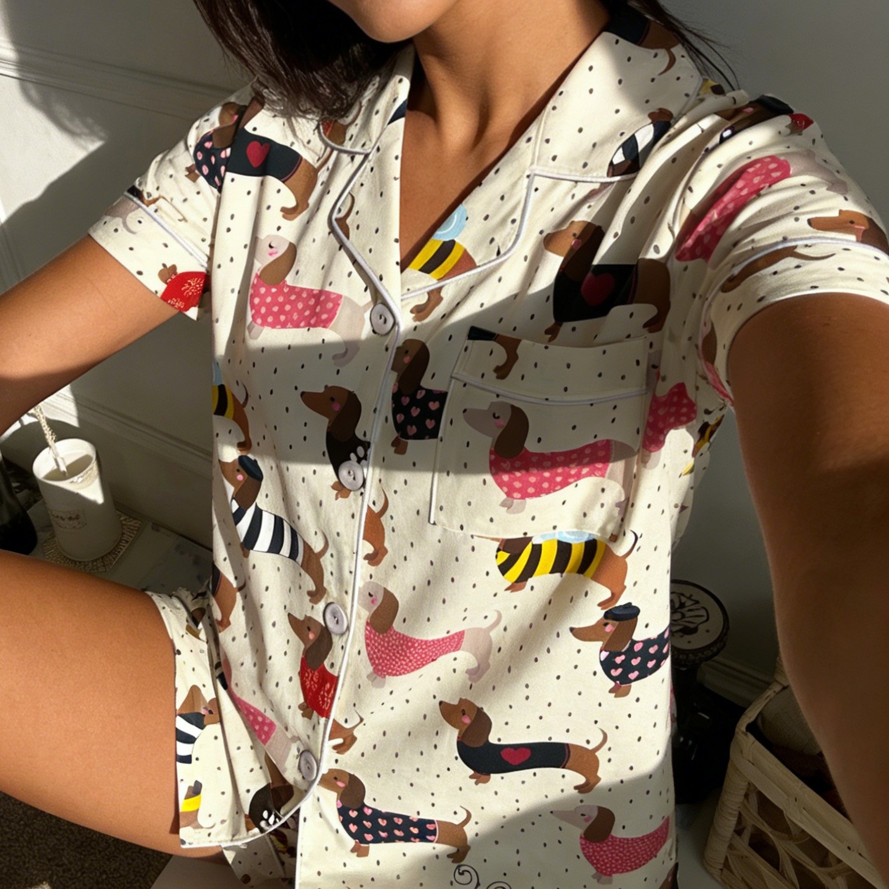 TEMU Women's Sweet& Vibrant Costumed Dachshund Print Loungewear, Spring Summer Cardigan Collar Short Sleeve Shorts 2pcs, Sweet Vitality, -scene Wear,