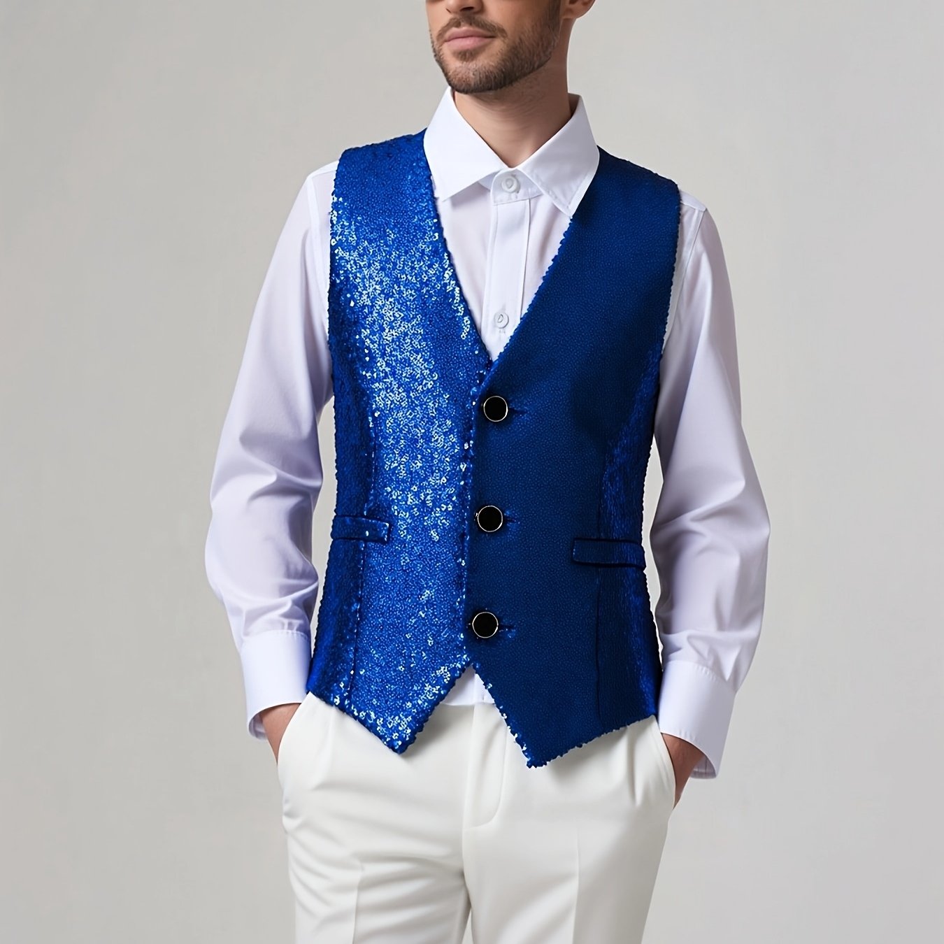 TEMU Men's Sequin Vest Sleeveless Slim-fit Jacket With -neck Collar - Sparkling Blazer Suitable For Parties, Nightclub Outfits, Prom & Wear | Hand