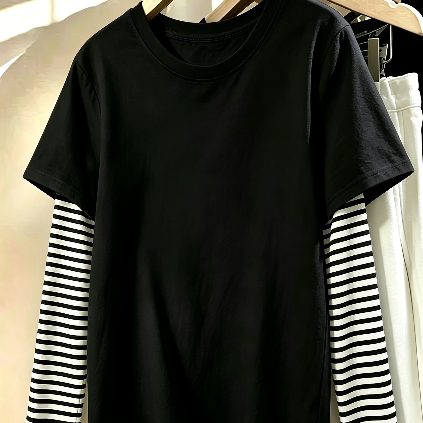 TEMU 1pc Girls' Two-piece Black And White Striped T-shirt Top - Girls' Fashion Medium Size Two-piece Style Black And White Striped Sleeve Top,