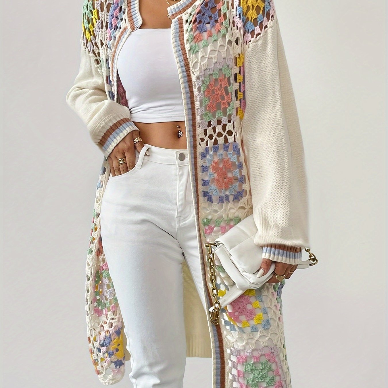 Image of Bohemian Style Vintage Elegant Y2k Women's Hand Crochet Open Cardigan Sweater, Colored Flowers And Drop Shoulder Design