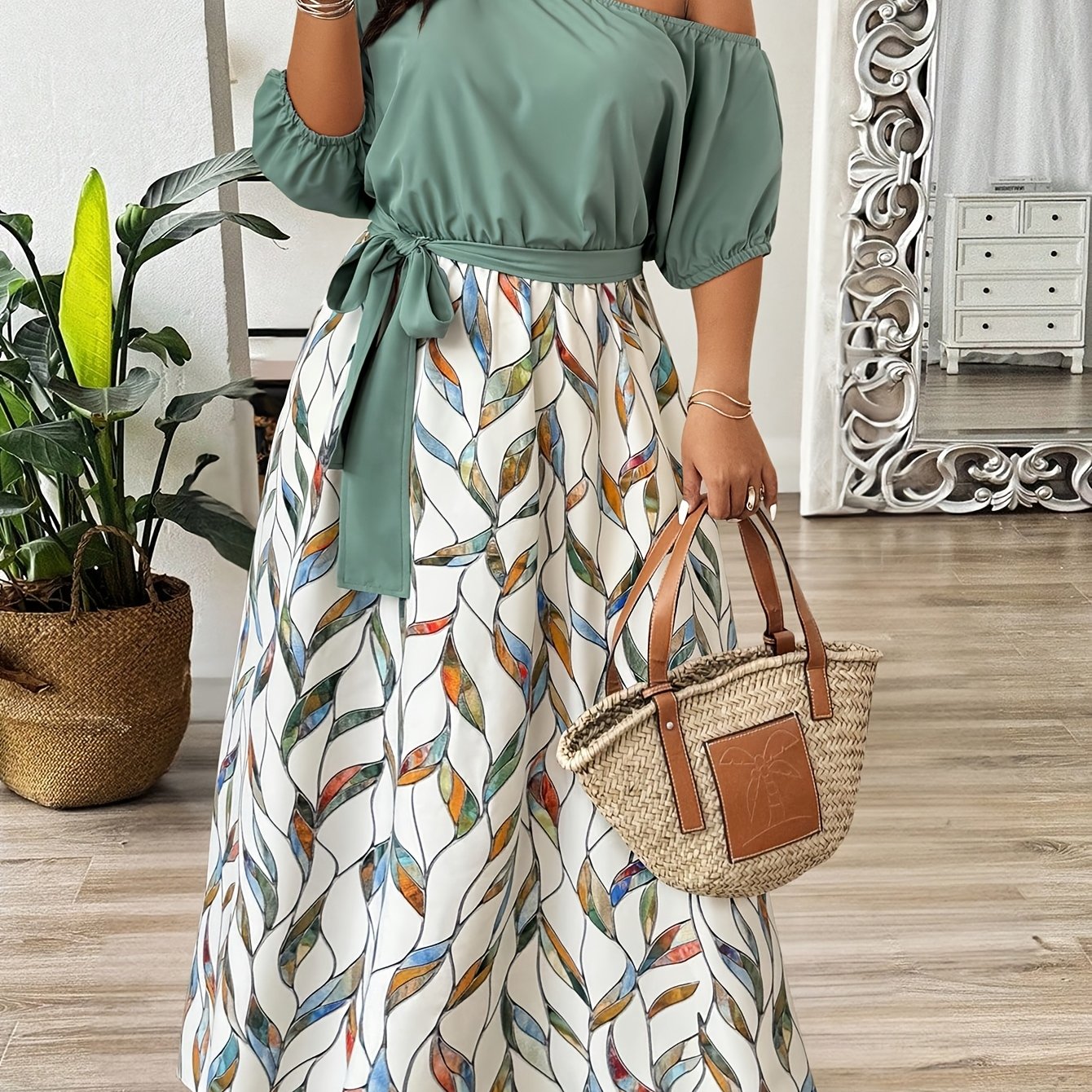 TEMU Plus Size - Plus Size - Plus Size Women's Off-shoulder Neckline Printed Dress | Mid-length Waist-cinching Tie-back Long Skirt