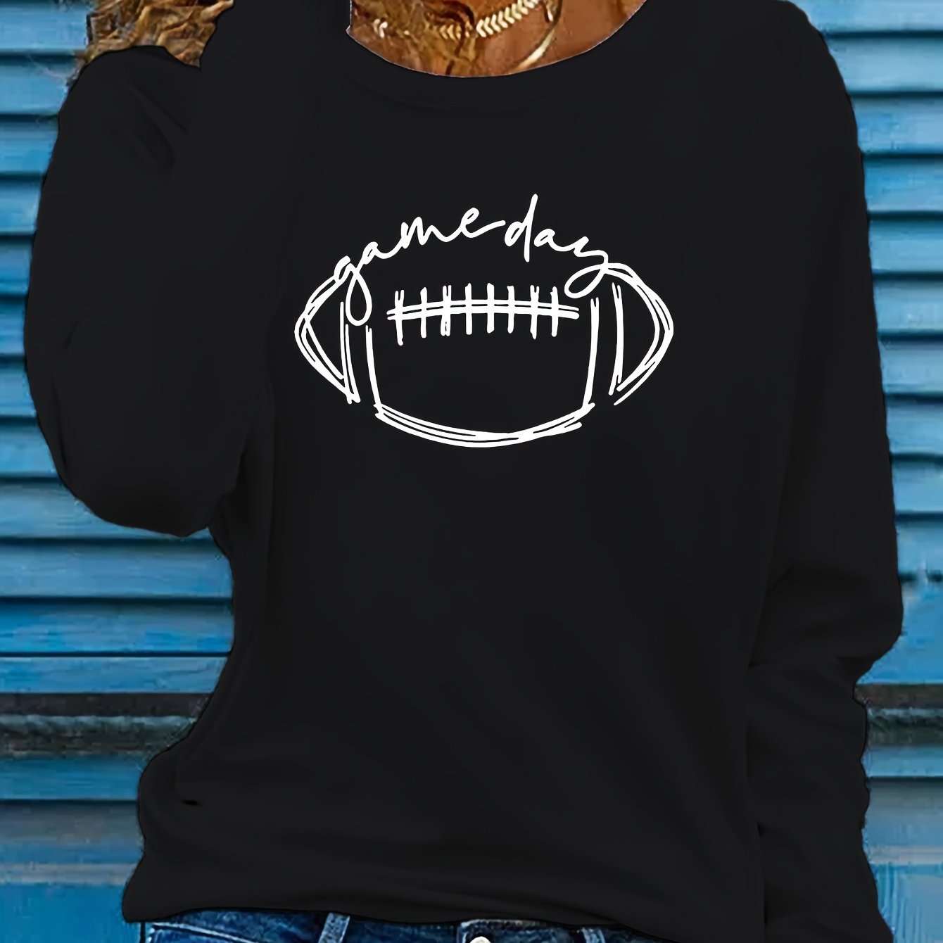 TEMU Football Print T-shirt, Long Sleeve Crew Neck Casual Top For Spring & Fall, Women's Clothing