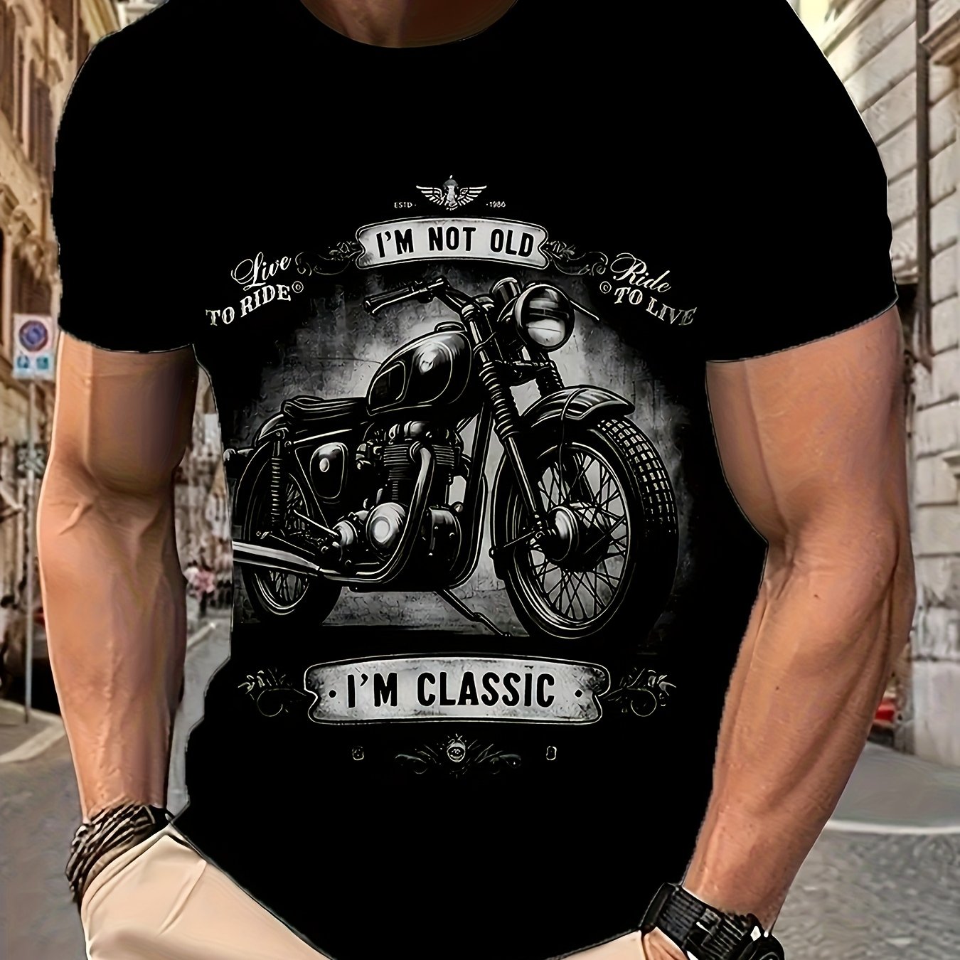 TEMU [print Design - Not Texture] Men's Retro Style Motorcycle Pattern Print Short Sleeve Round Neck T-shirt, Fashionable Summer Top For Outdoor