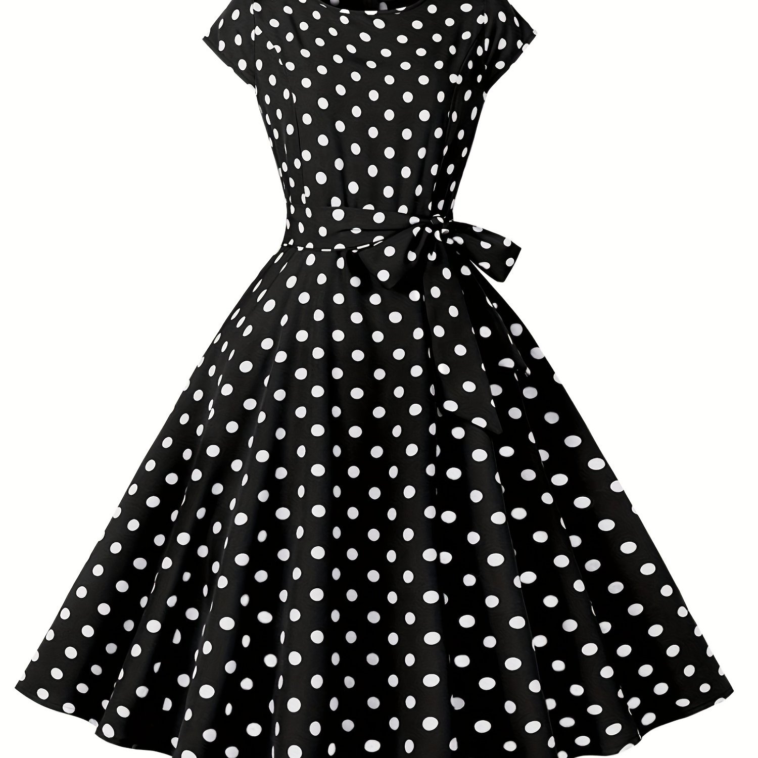 Vintage Polka Dot Print Short-sleeve Belted Fitted Casual Party Dress