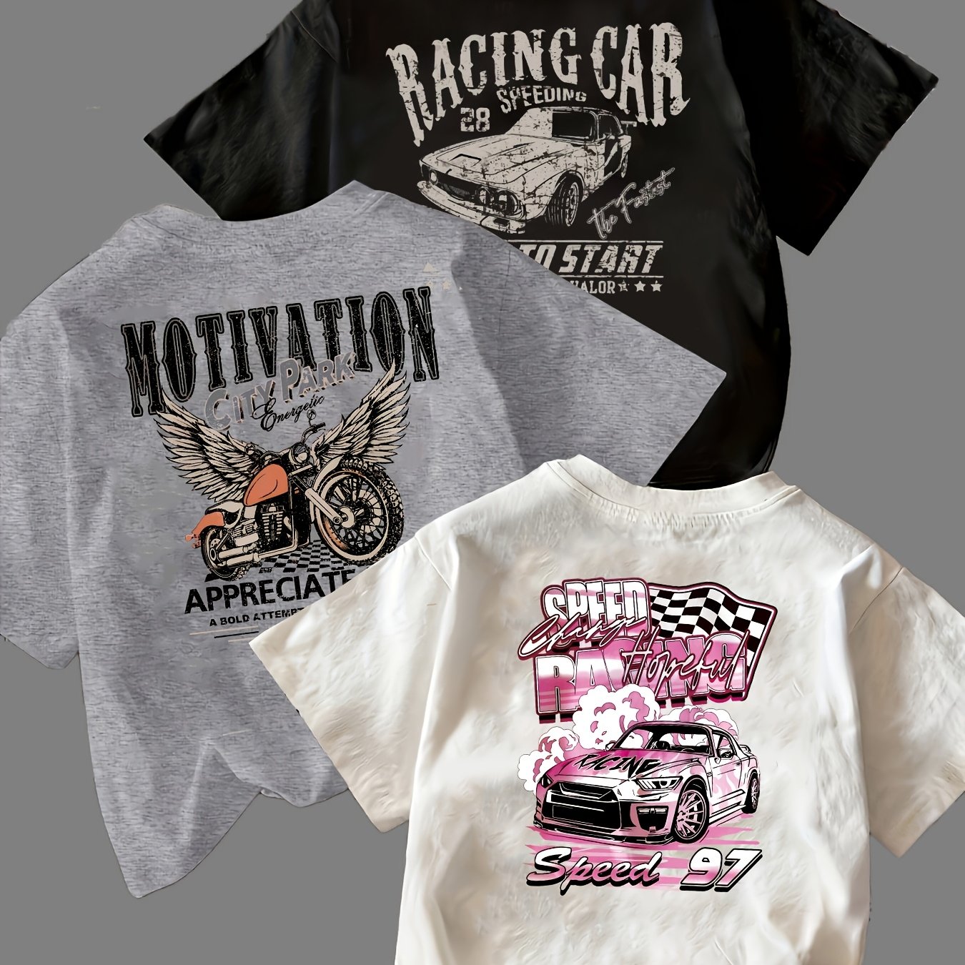 TEMU 3pcs T-shirt imprimé décontracté tendance pour femmes, T-shirt imprimé moto rétro
