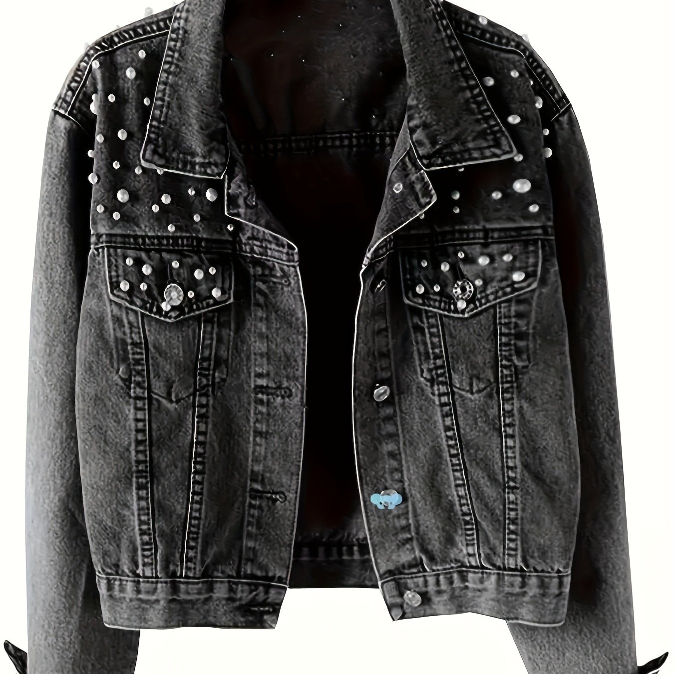 Image of Autumn Seasonal Women's Coat, Heavy Wash Black Jacket, With Bead Design, Relaxed And , Simple And Fashionable Look. Short Style Optimizes The , Making The Figure Look And Slimmer.