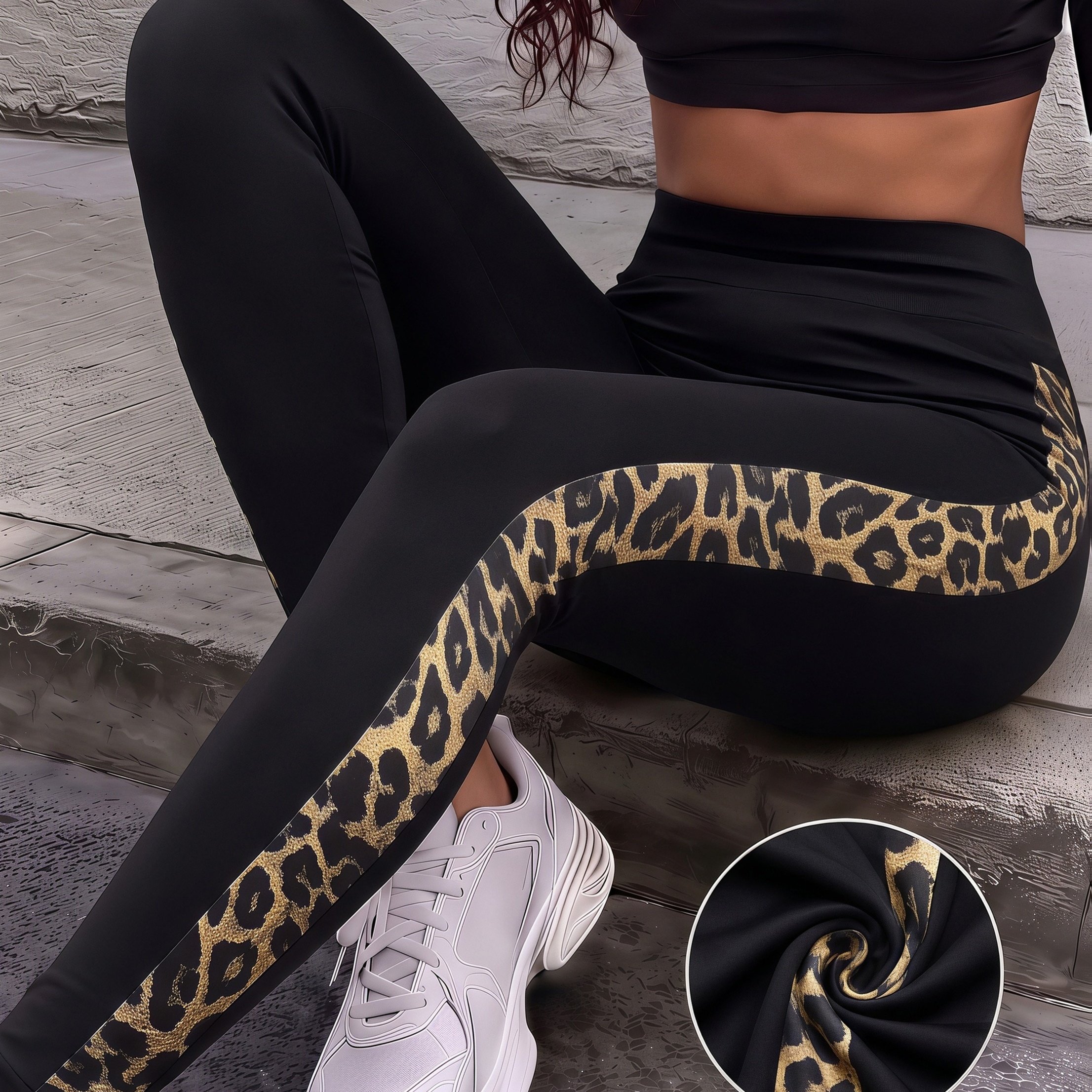TEMU 1pc Women's High Waist Leggings With Side Leopard Print High Elastic Breathable Smooth And -friendly Fabric Slim-fit Compression Pants Perfect