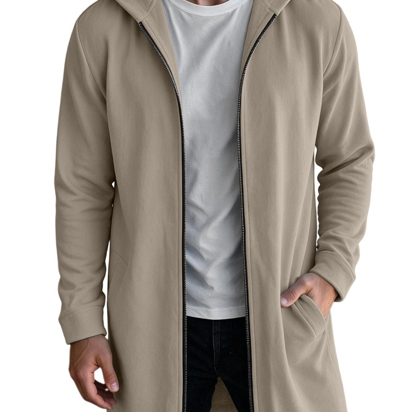 Image of Men Premium Long Hooded Zipper Cardigan Fleece Sweatshirt Jacket Longline Side Pockets Autumn Winter Warm Casual Daily Wear Slim Full Zip Up Streetwear