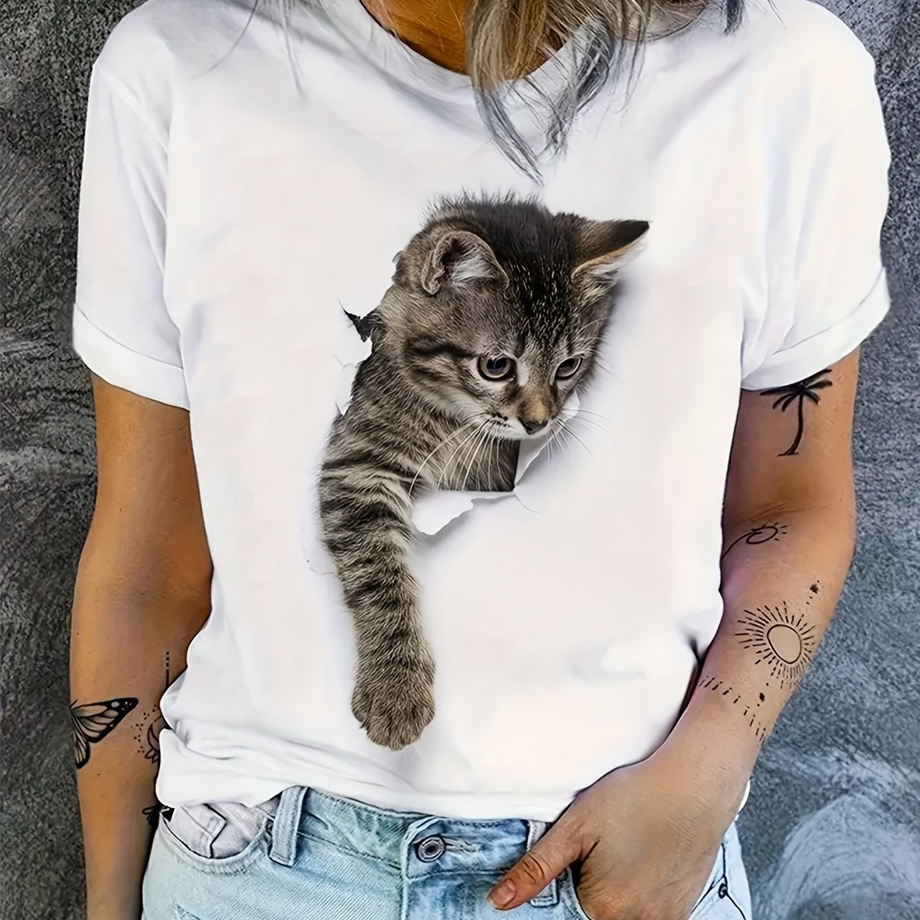 E-shop Niedliches verspieltes Katzenmotiv! Weißes T-Shirt mit 3D-Cutout-Kätzchen-Design, lockerer Schnitt für einen weichen entzückenden Look, fängt